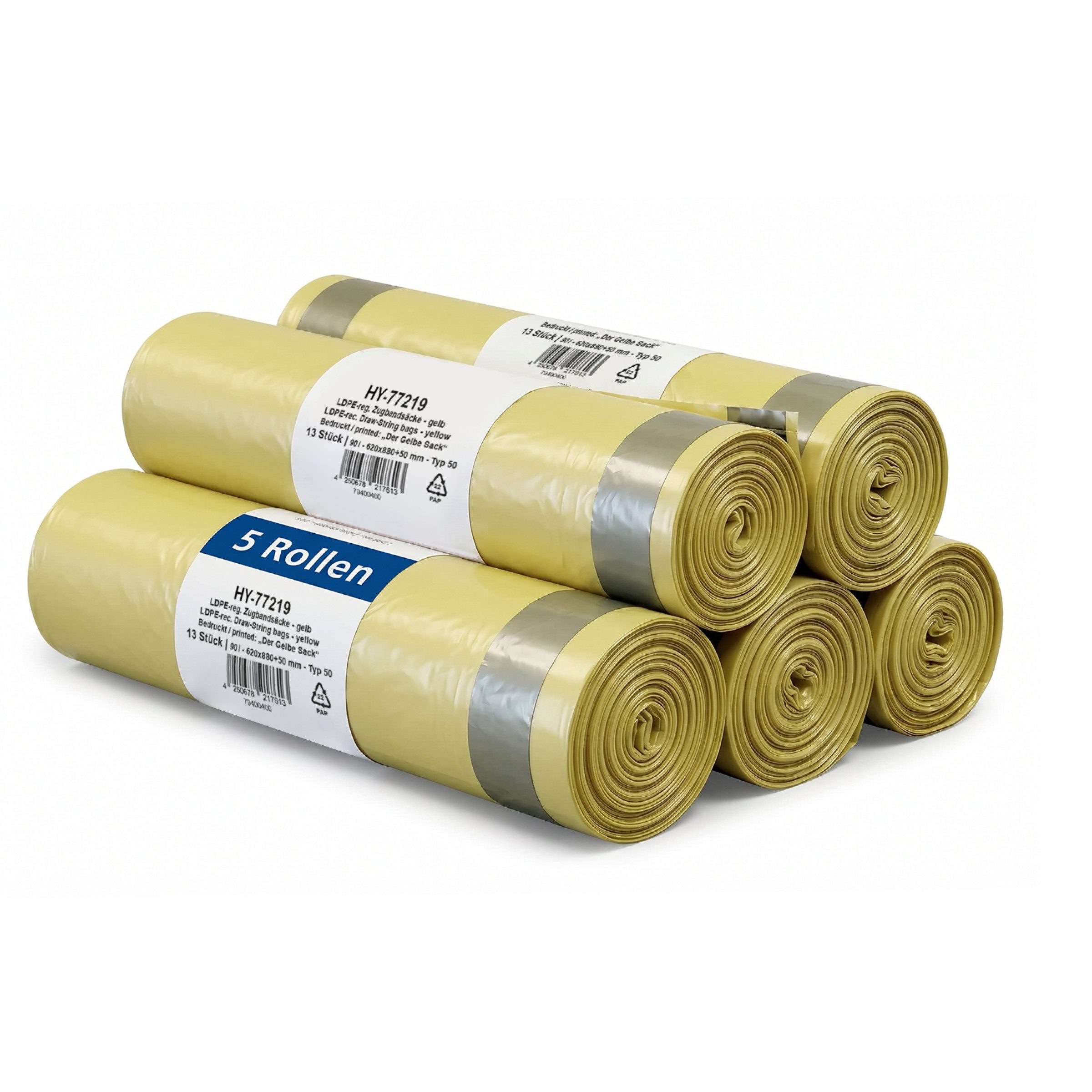 Hypafol Müllbeutel 90 Liter, Gelbe Säcke, extra reißfest & dehnbar, 22 µ, 5 Rollen à 13 Säcke