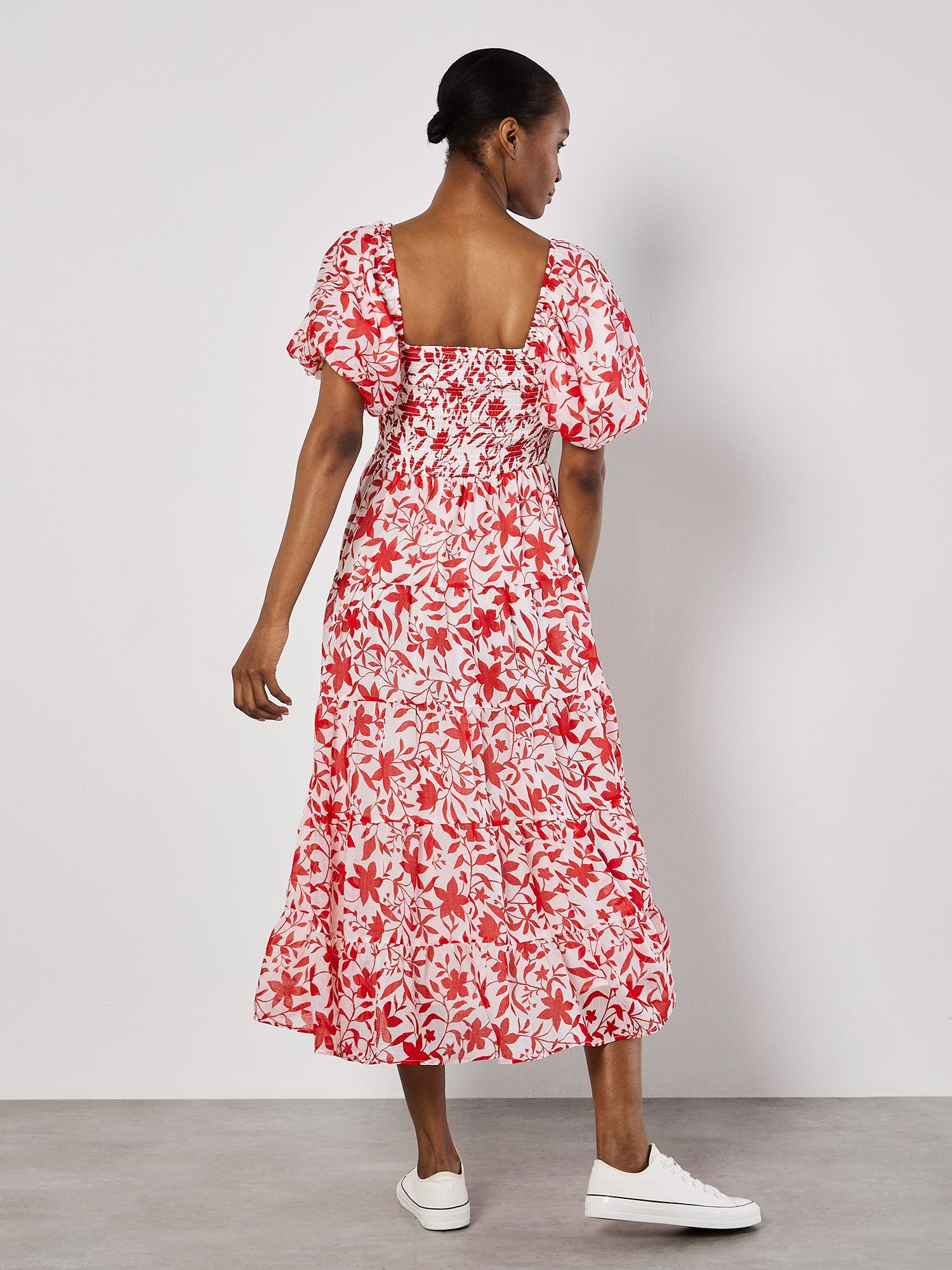 Apricot Midikleid Florales Sommerkleid mit Puffärmeln – Bild 4 von 5