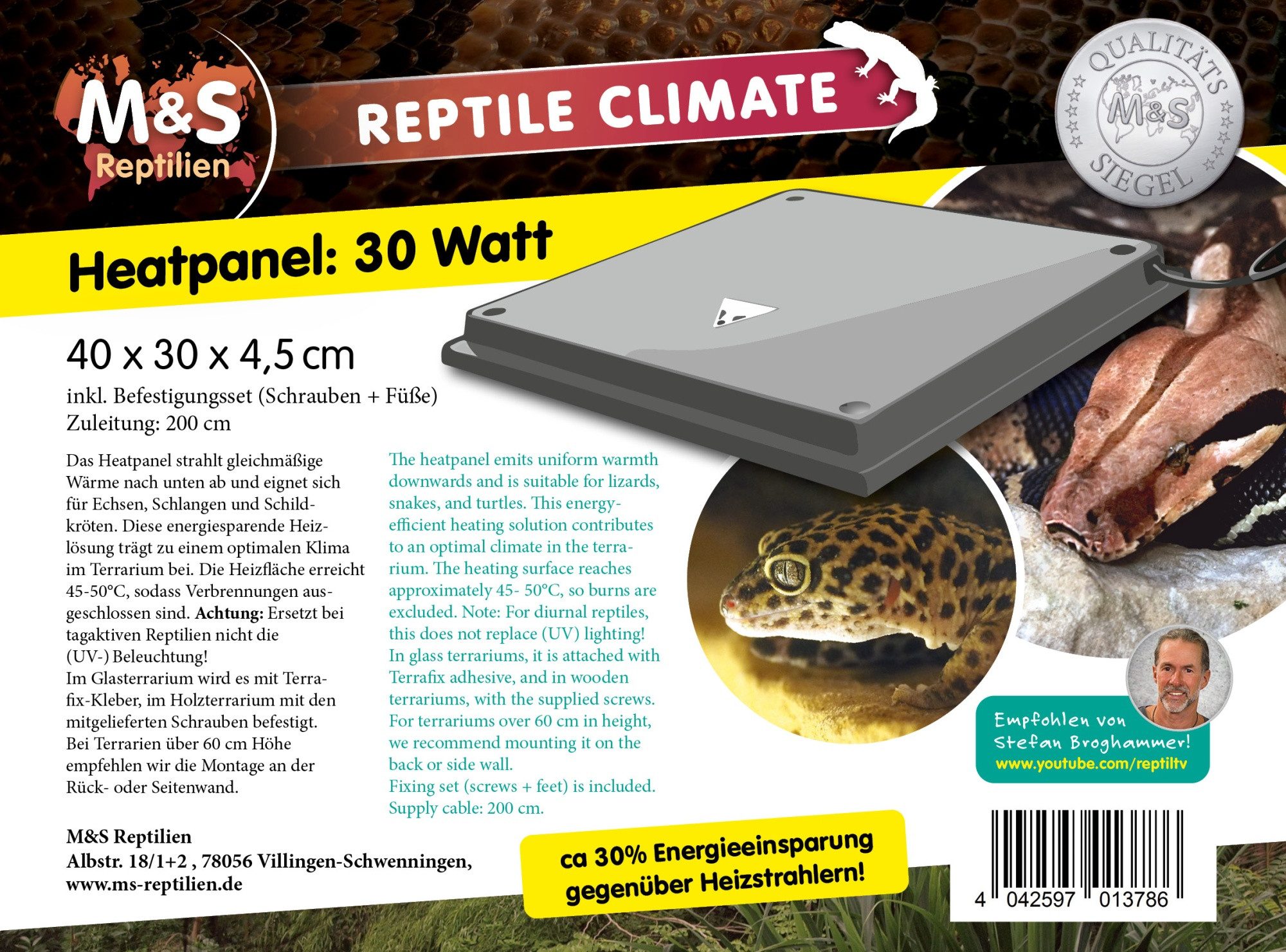 M&S Reptilien Terrarium-Klimasteuerung Heatpanel, 30 Watt