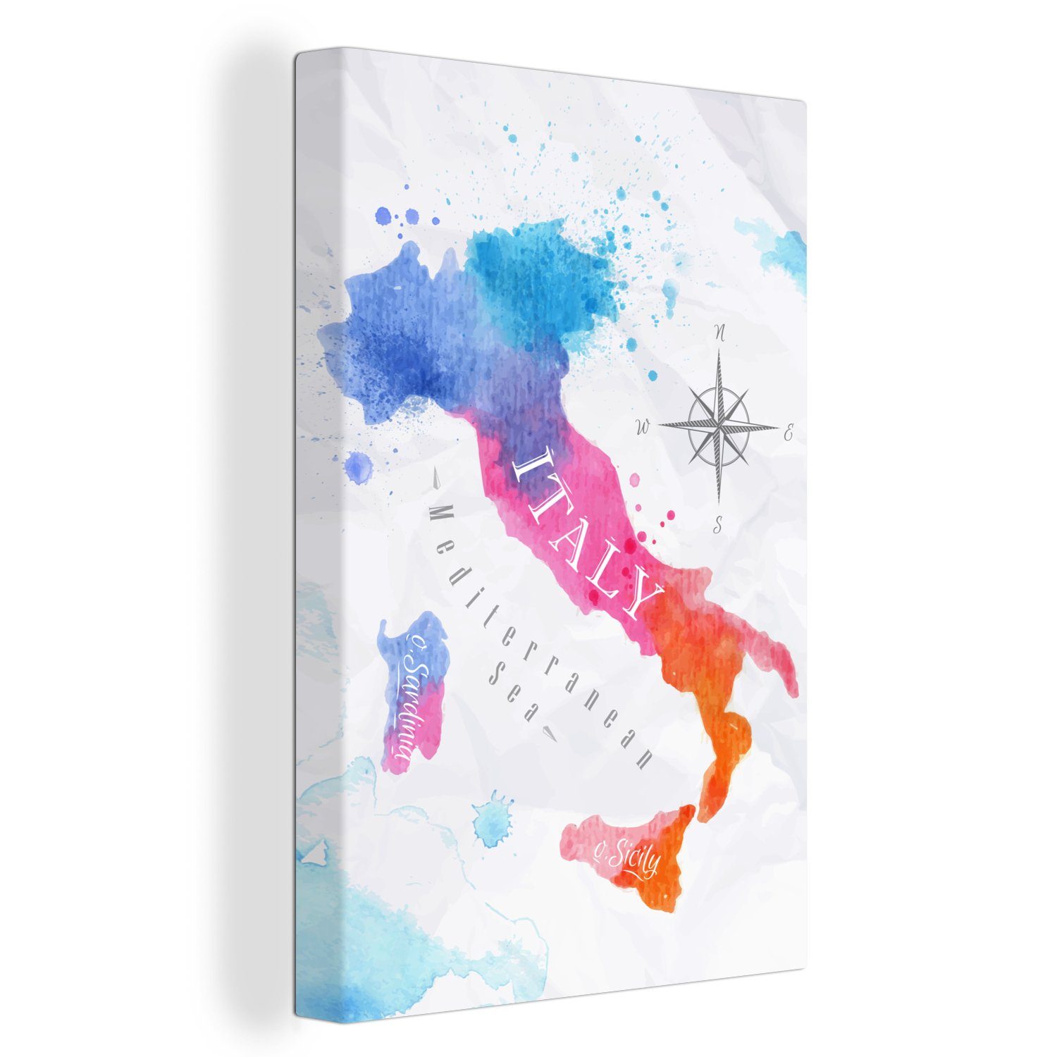OneMillionCanvasses® Leinwandbild Weltkarte - Ölfarbe - Italien, (1 St), Leinwandbild fertig bespannt inkl. Zackenaufhänger, Gemälde, 20x30 cm