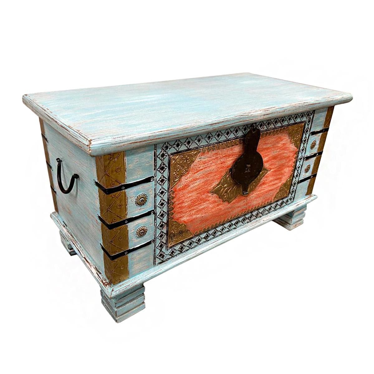 Oriental Galerie Truhe Indische Truhe Hellblau Orange 80 cm (1 St), Beistelltisch, Holztruhe, Antik, Wäschetruhe, Möbeltruhe, Holzkiste
