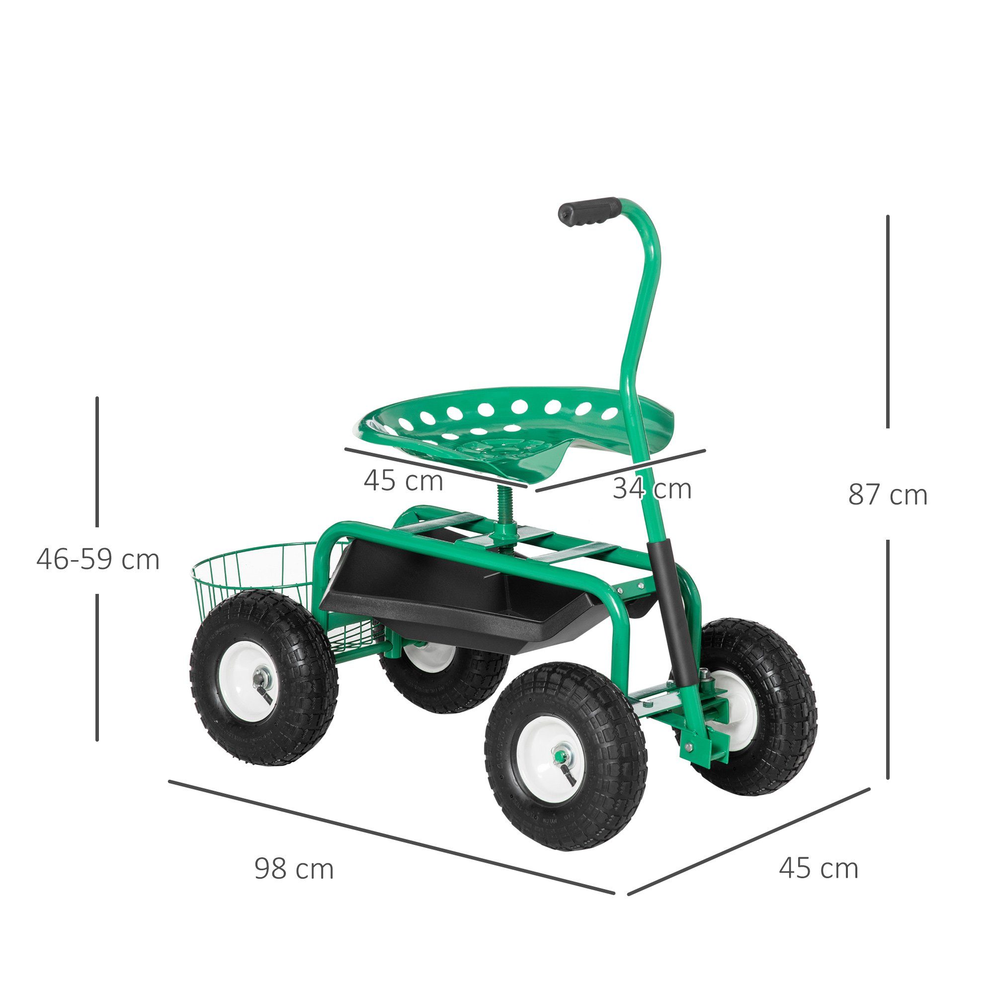 Outsunny Werkzeugwagen mit Rollsitz, bis 150 kg, mit Ablage, Korb, für kleine Gartengeräte, mit Stauraumfach, max. Traglast:150 kg, 0-tlg. Werkzeugset, (Werkstattwagen, 1-tlg., Gartenwagen), für Garten, Grün