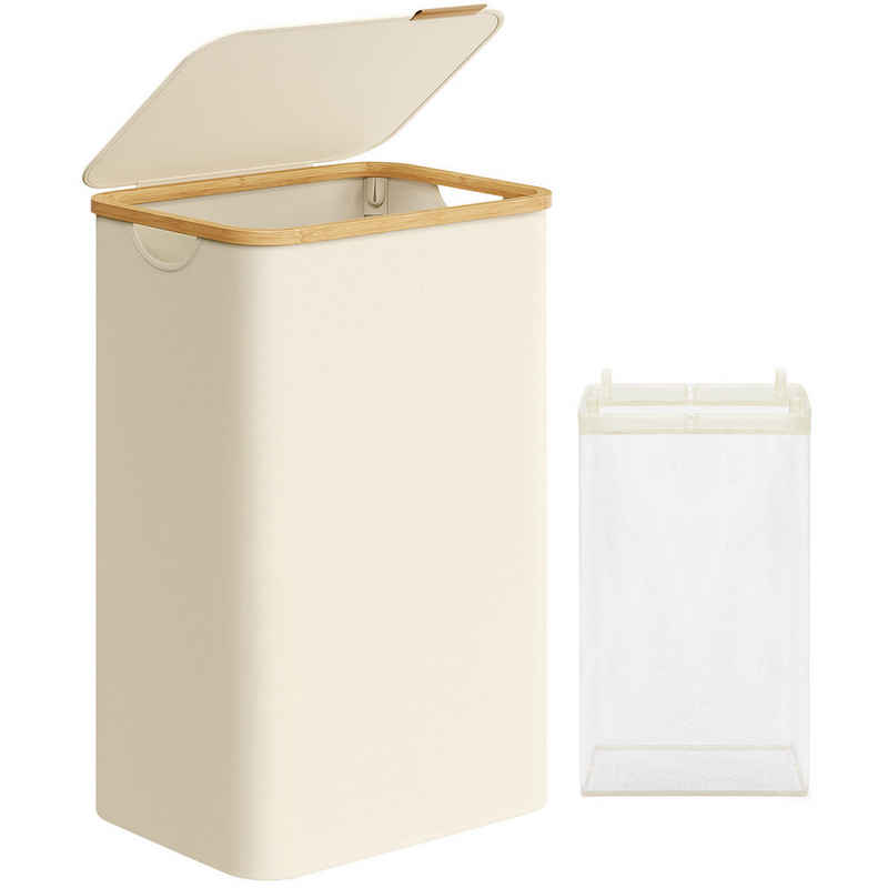 SONGMICS Wäschekorb, mit Deckel, 90 L, herausnehmbarer Wäschesack, Griffe aus Bambus