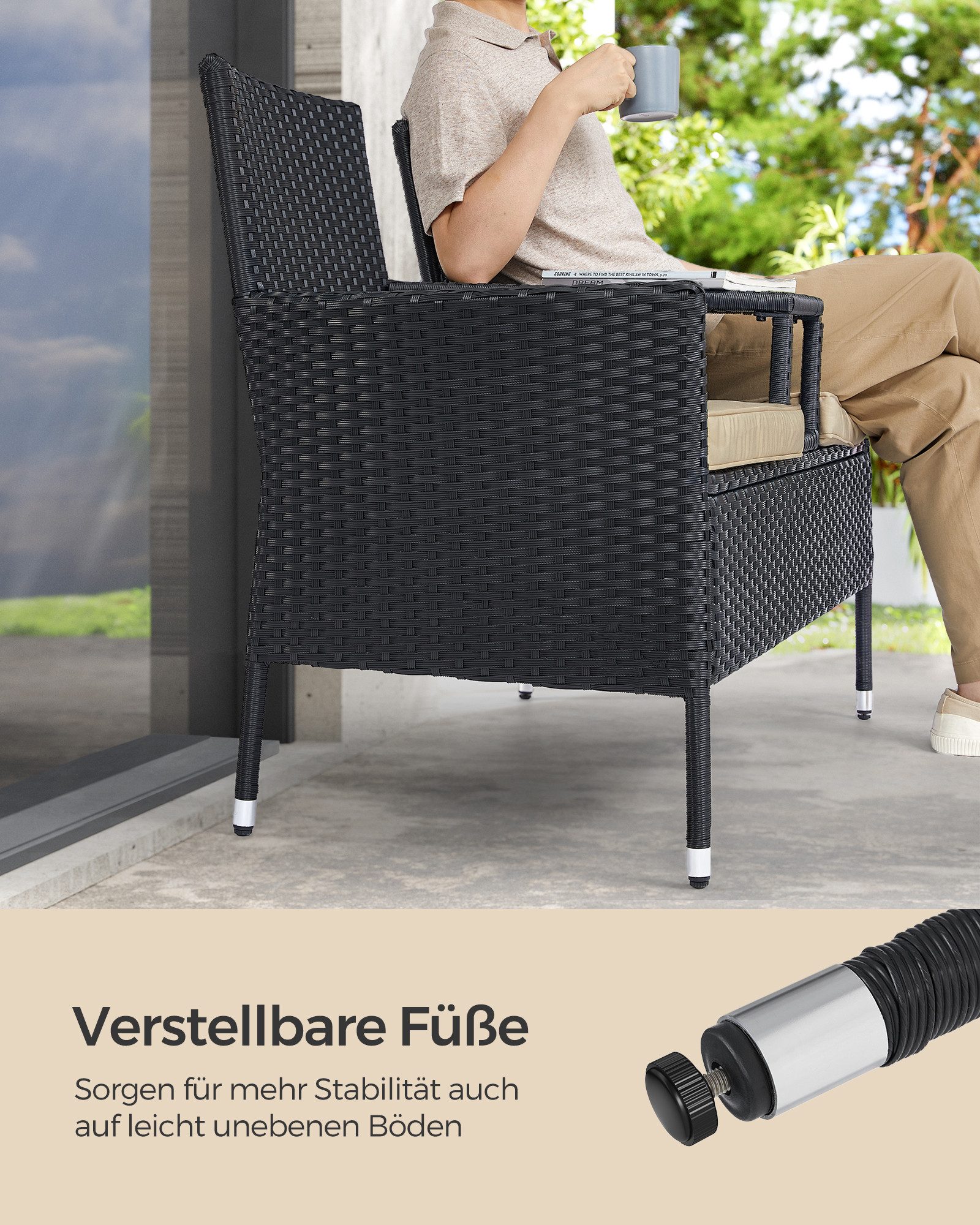 SONGMICS Balkonset, (1-tlg., 1 Gartensofa, mit Tisch, Kissen), Gartenmöbel, Gartenbank, aus PE-Polyrattan,Terrassenmöbel