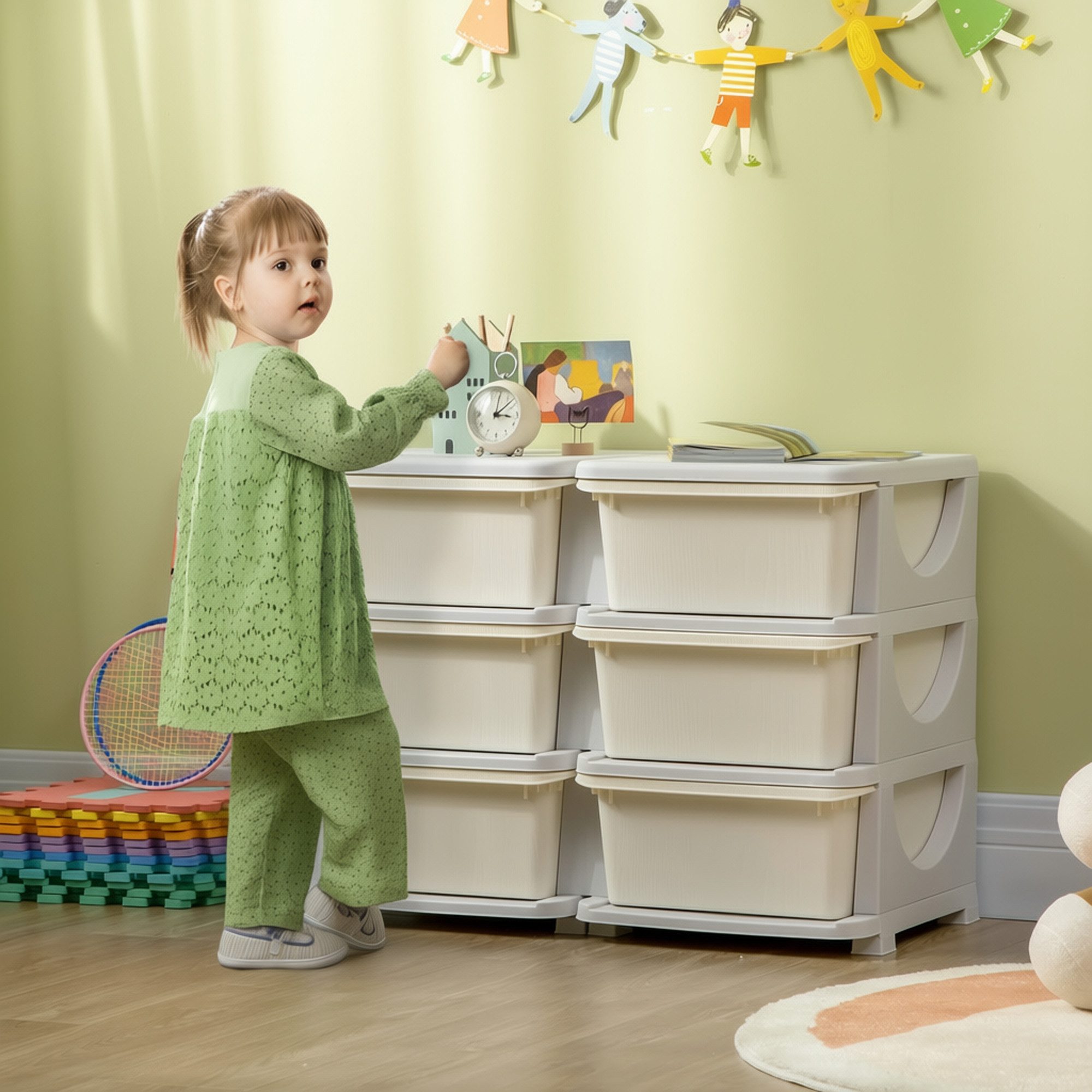 HOMCOM Spielzeugtruhe Schubladenschrank, Spielzeug-Organizer, sechs Ebenen, 3-6 Jahre (Spielzeugkiste, 1 St., Aufbewahrungsbox), für Kinderzimmer, Cremeweiß