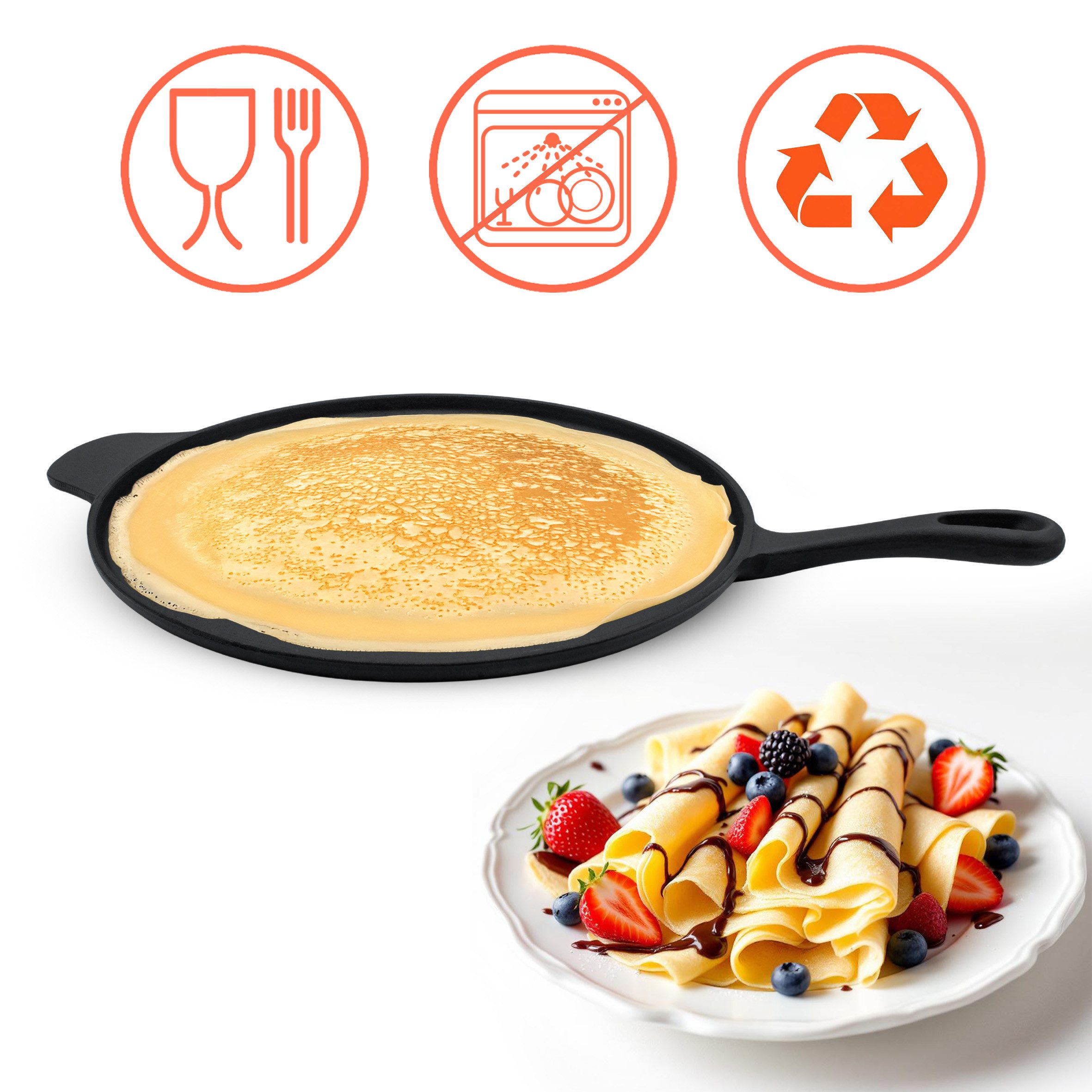 Spetebo Crêpepfanne Gusseisen Crêpes und Pizza Pfanne - Ø 30 cm, Gusseisen, Eisenpfanne für Herd Ofen und Grill