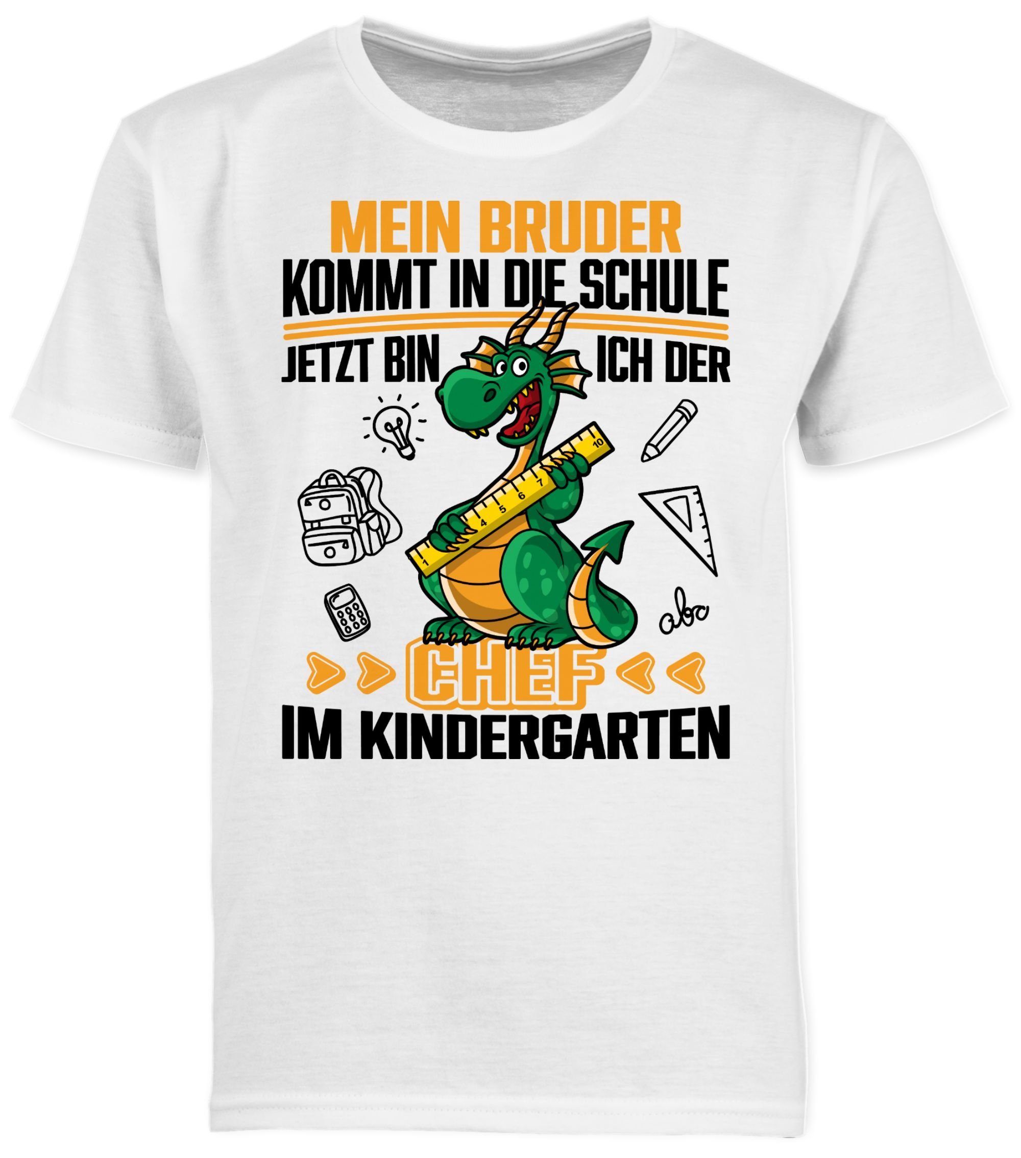 T-Shirt der 3 Kindergarten ich die Schule! in Mein Chef Jetzt Weiß Hallo kommt bin Shirtracer im Kindergarte Bruder