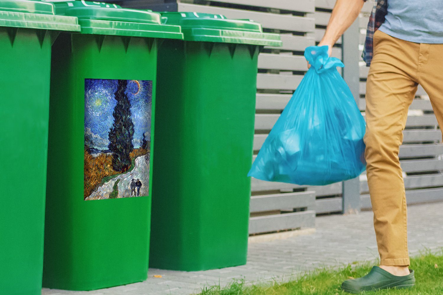MuchoWow Wandsticker Straße mit Zypresse Mülleimer-aufkleber, St), Gogh Container, Stern van Mülltonne, (1 - Sticker, Abfalbehälter und Vincent