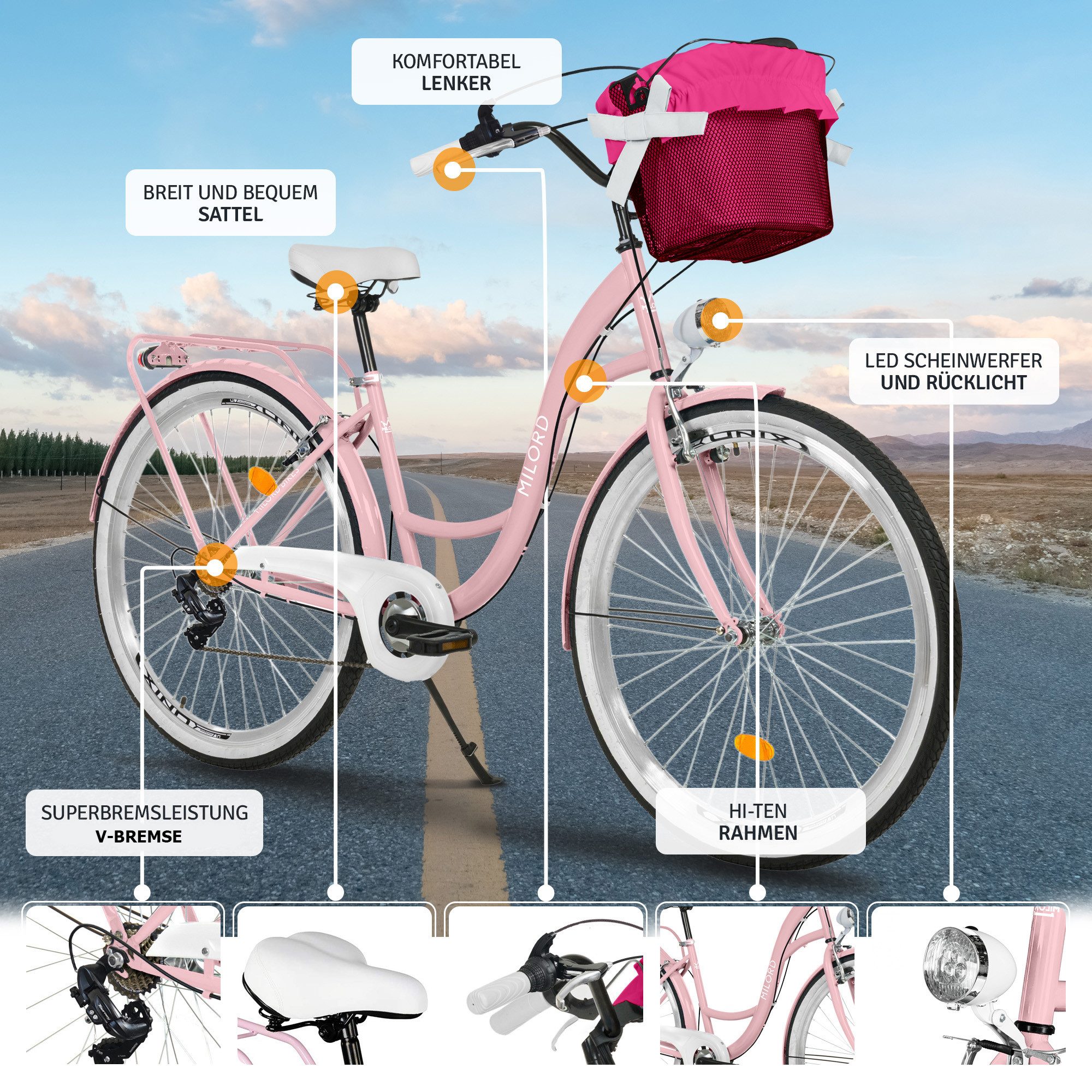 Milord Cityrad Milord City Fahrrad Korb Retro Damenfahrrad, 28/26 Zoll, Rosa, 7-Gang, 7 Gang, (Fahrradständer, Gepäckträger, Klingel, Korb, Kotflügel)