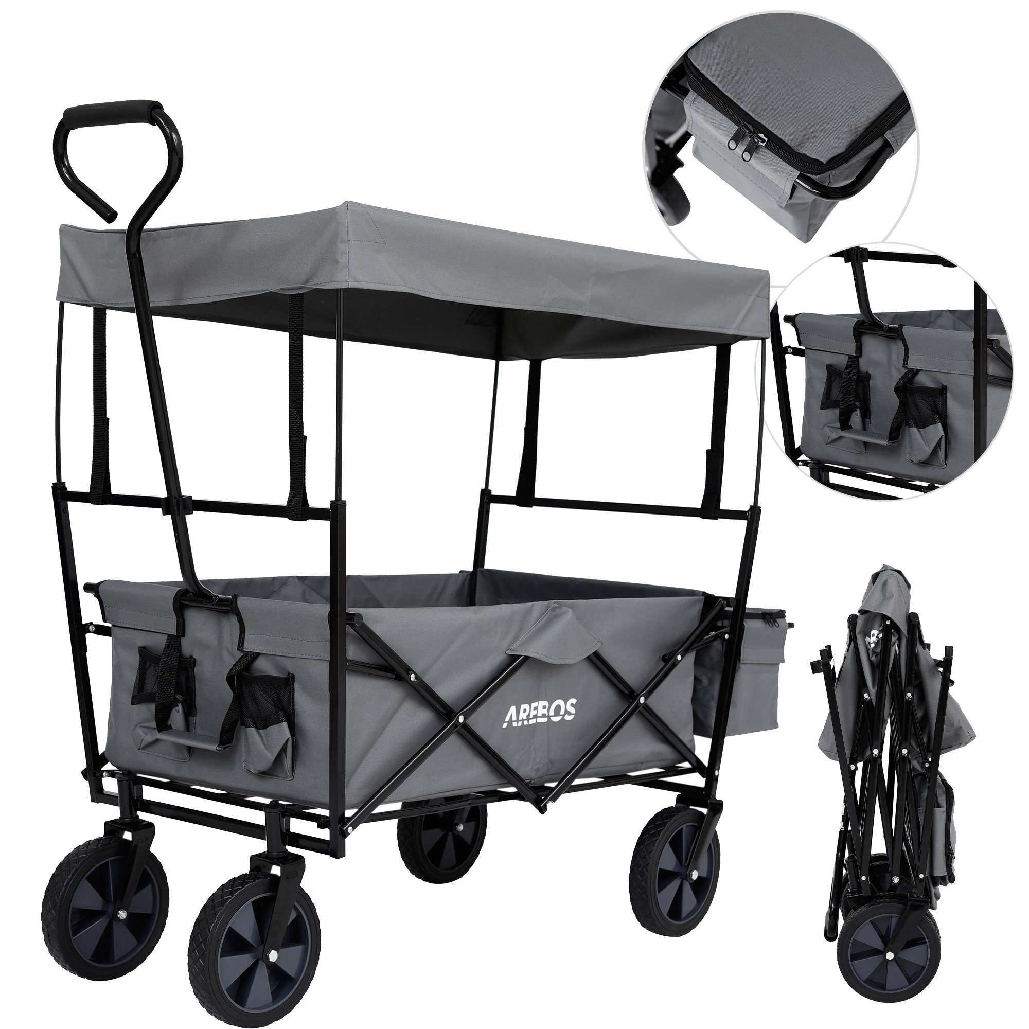 Arebos Bollerwagen Handwagen, Transportwagen, Faltwagen, faltbar mit Dach (Grau), Maße 117 x 55 x 125 cm