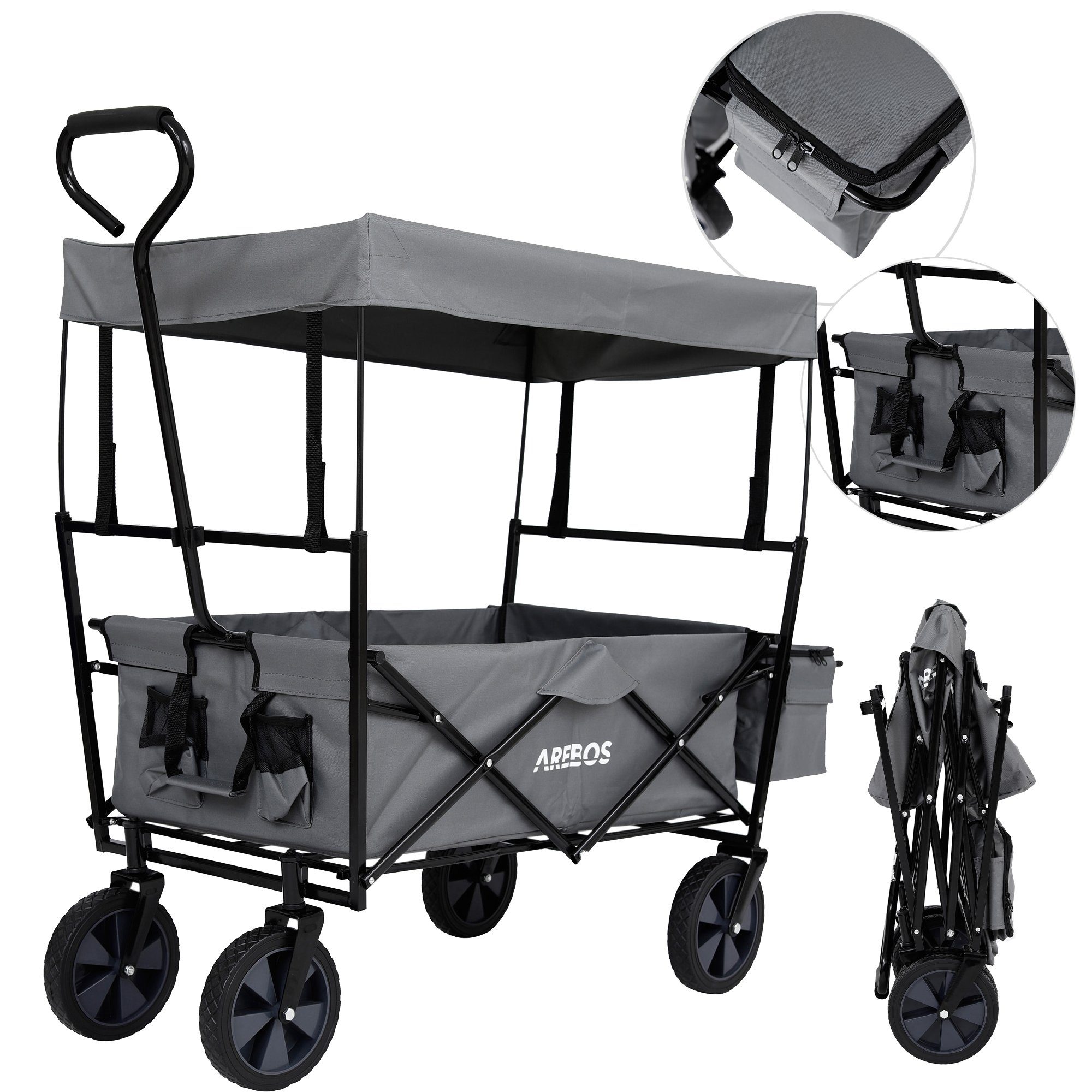 Arebos Тележки faltbar mit Dach, Handwagen, Transportwagen, Faltwagen (Grau), Maße 117 x 55 x 125 cm