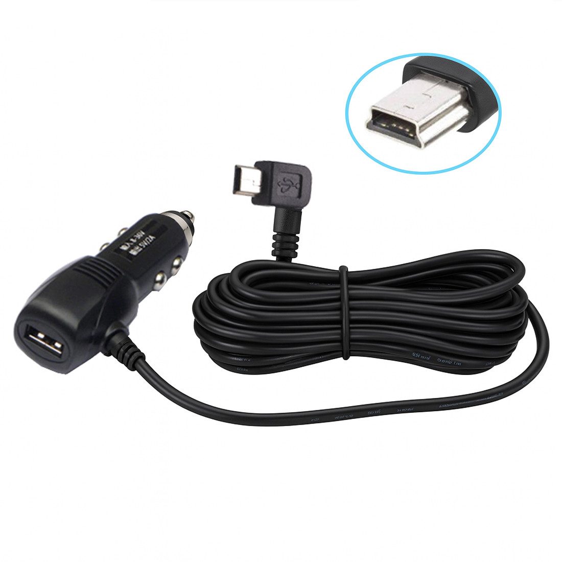 Bolwins G66C 3,5m KFZ Auto Ladegerät Adapter Kabel USB + mini USB 5pin für GPS Autoladekabel, Zigarettenanzünder Stecker, USB-Buchse + Mini-USB 5-Pin Stecker (abgewinkelt) (350 cm), 3,5 m KFZ-Ladekabel mit USB-Buchse und mini-USB-5-Pin Stecker