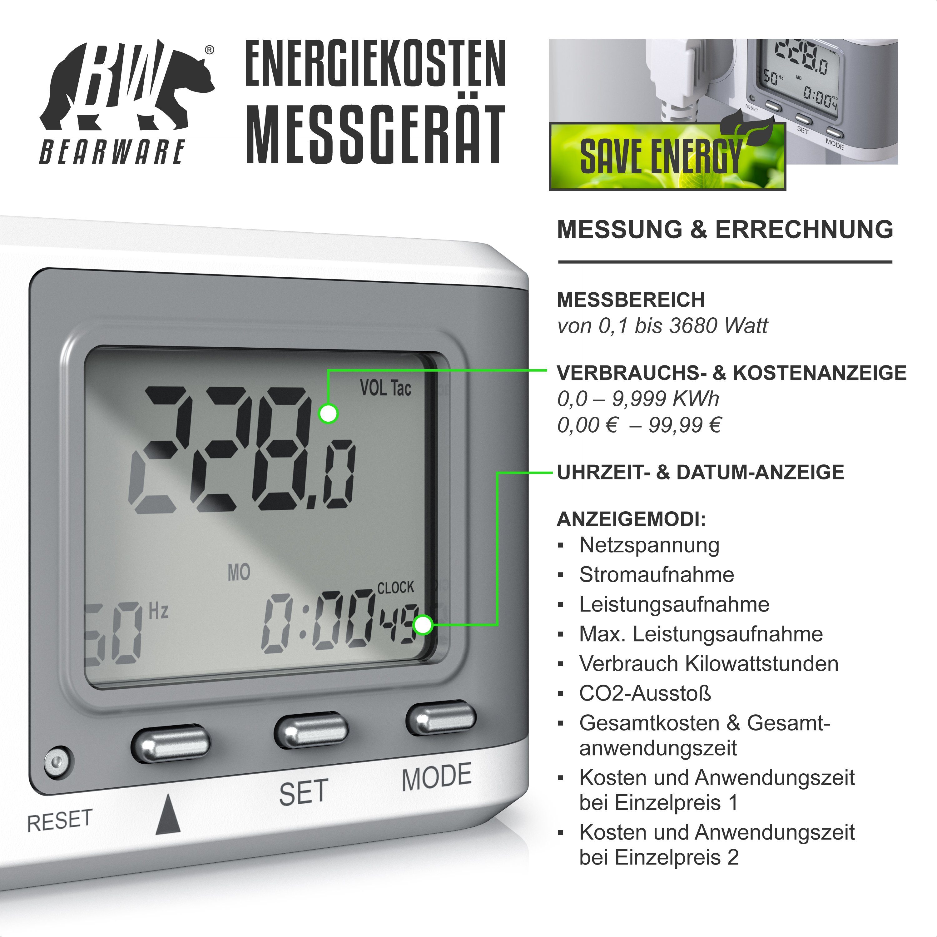 BEARWARE Energiekostenmessgerät Stromverbrauchszähler, Energiekosten Anzeige, Stromzähler max. 3680W, Strommessgerät für Typ F Buchse mit Berührungsschutz, 0,0 A -16 A