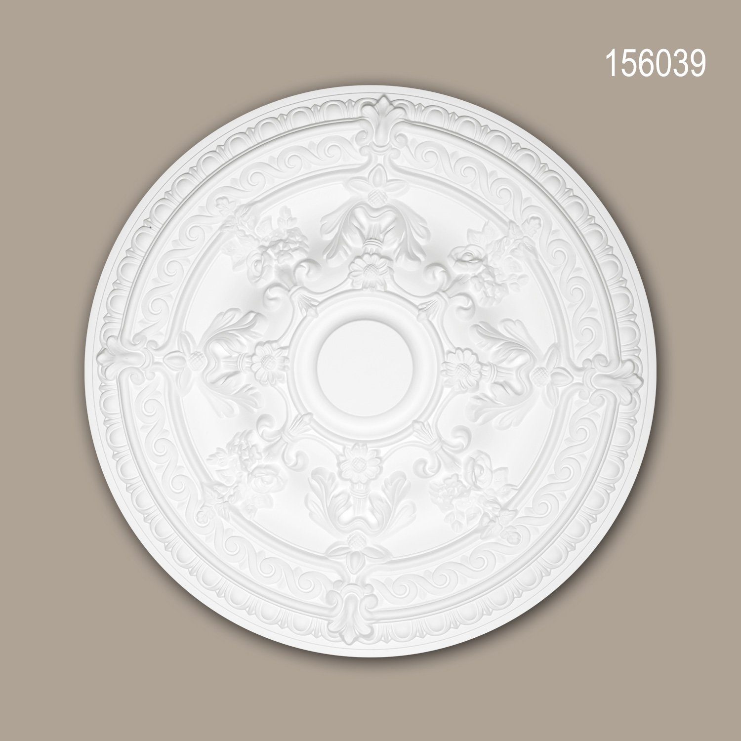 Profhome Decken-Rosette 156039 (Rosette, 1 St., Deckenrosette, Medallion, Stuckrosette, Deckenelement, Zierelement, Durchmesser 65,9 cm), weiß, vorgrundiert, Stil: Rokoko / Barock