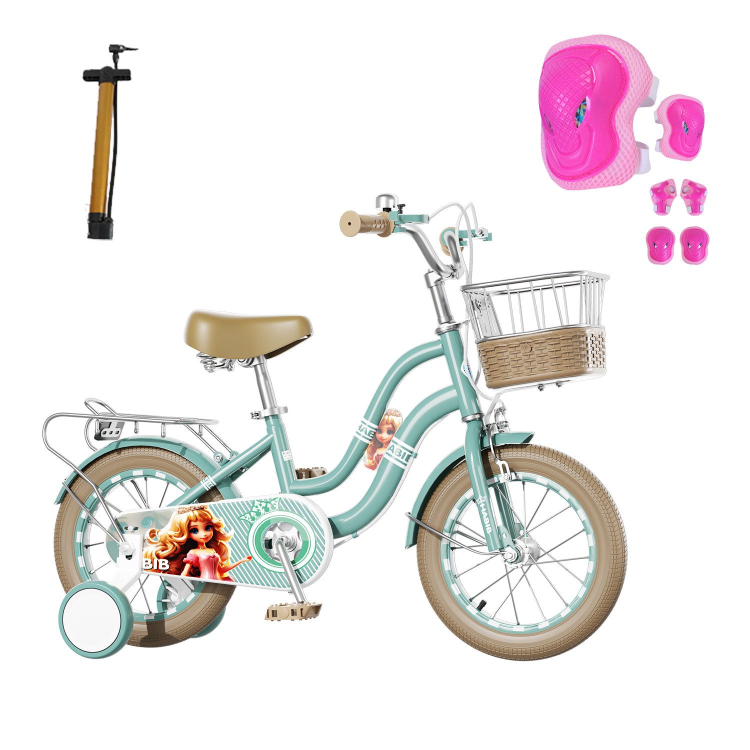 Habib Gruppe Kinderfahrrad Mädchenfahrrad 6-teiligem Schutz-Set & Duales Bremssystem 3-8 Jahre