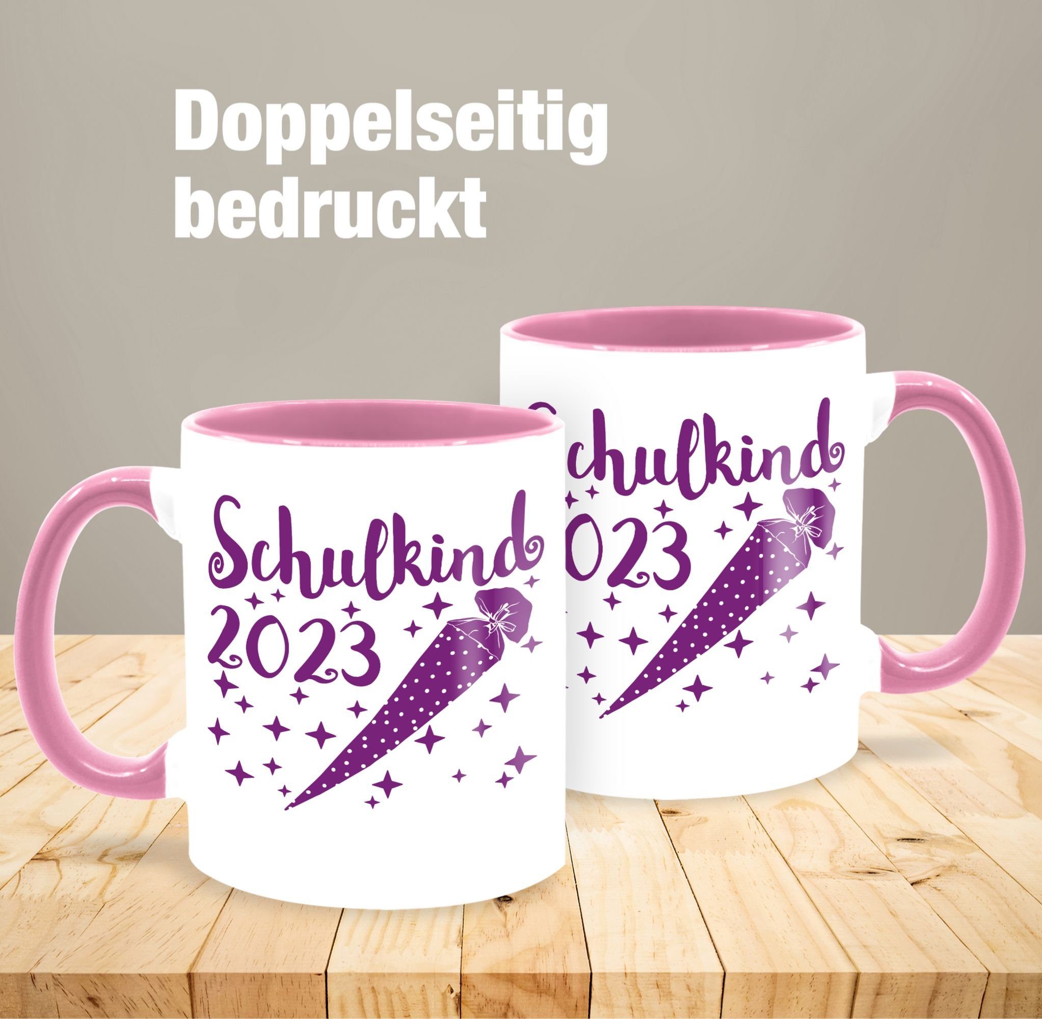 Schultüte Einschulung lila, Tasse Keramik, - Geschenk 2023 und Schulkind - 1 Rosa Tasse Shirtracer Sternchen