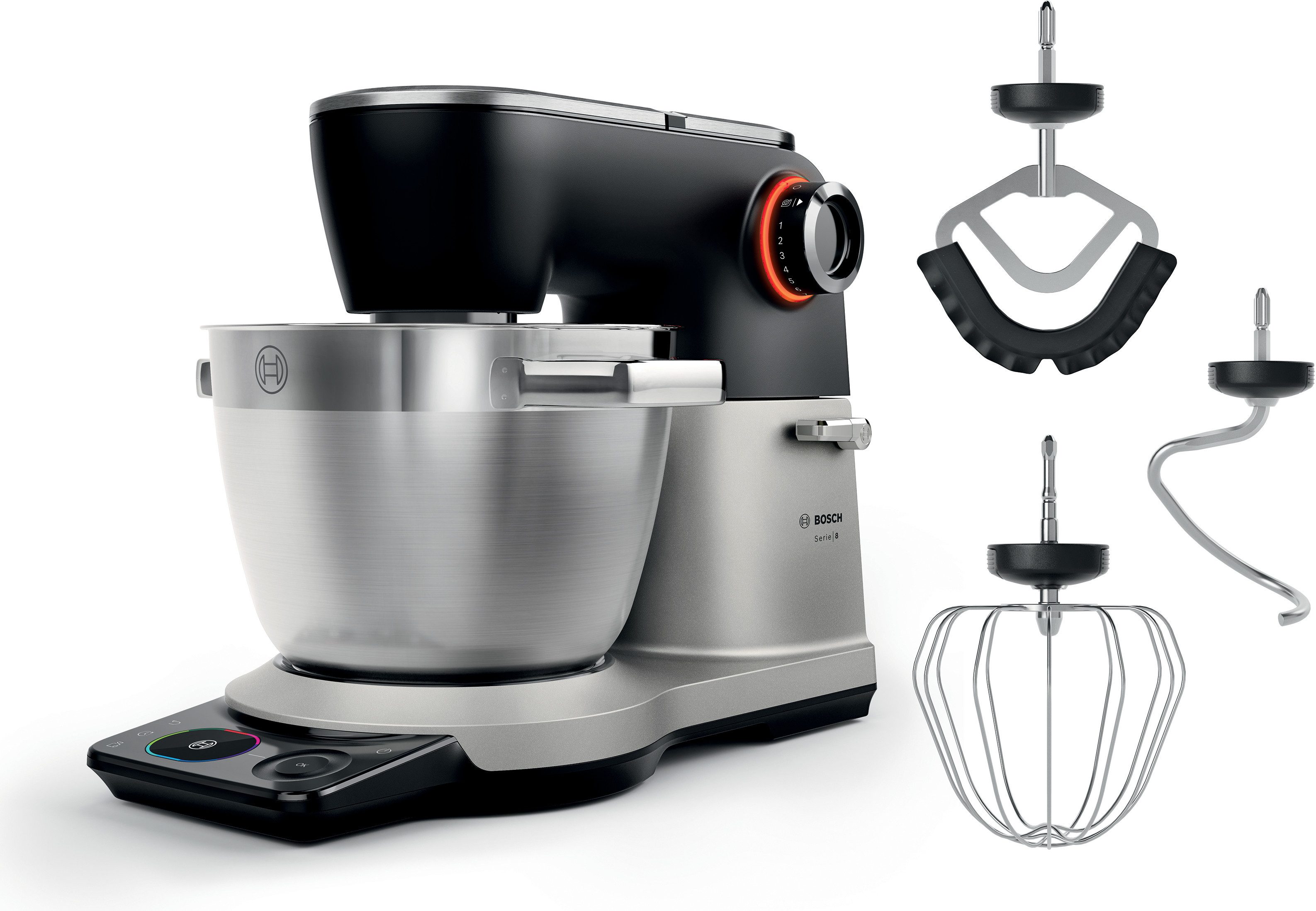 BOSCH Küchenmaschine MUMS8ZS00, Serie 8, 9 Automatikprogramme, integrierte Waage, Timer, 6l Schüssel, 1800 W, 6 l Schüssel, Edelstahlschüssel, 3 Rührwerkzeuge spülmaschinenfest, 7 Stufen, 1800 W