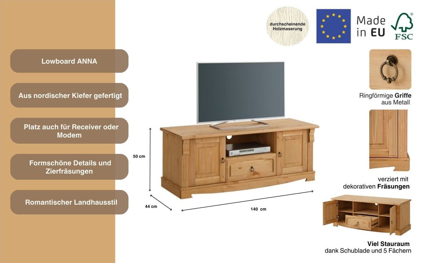 OTTO home Lowboard Anna (Gesamtmaße (B/T/H): ca. 140/44/50 cm), TV-Board, Breite 140 cm, 2 Türen, 1 Schublade, Massivholz, FSC®