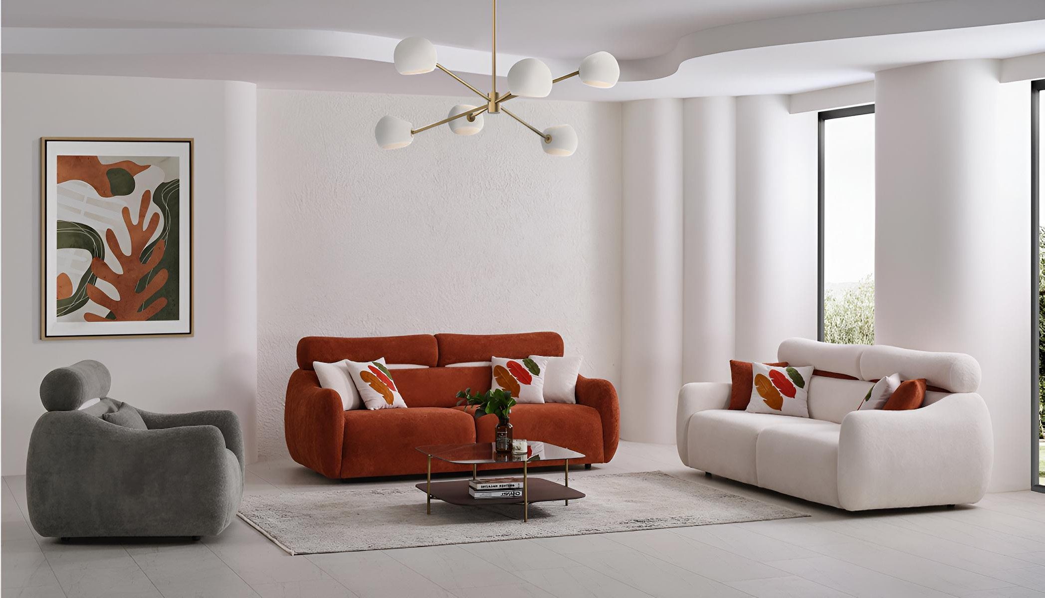 Xlmoebel Polstergarnitur XLMOEBEL Sofa in Orange mit bunten Kissen und modernem Design, (2-tlg), Made in Europa