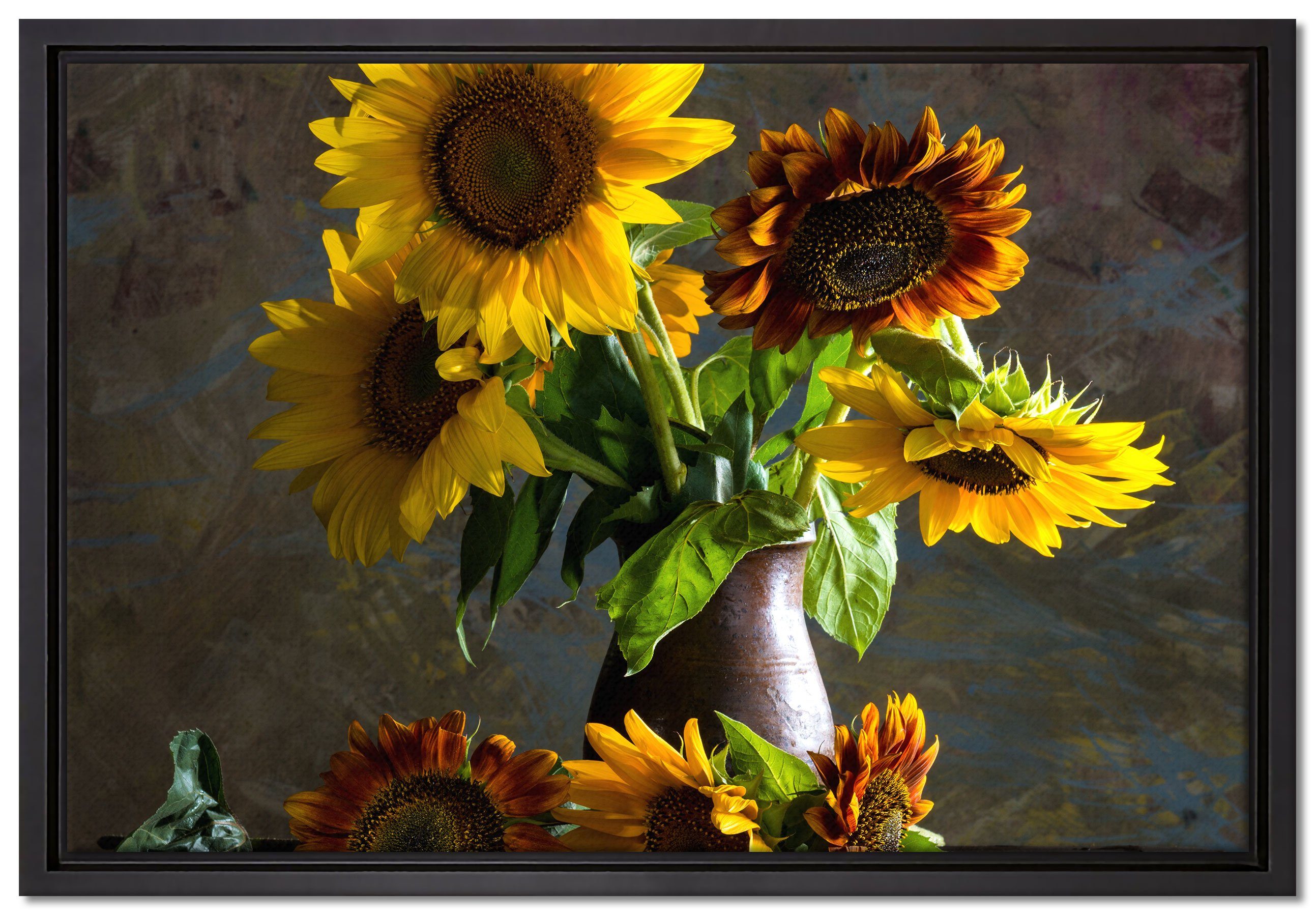 Leinwandbild bespannt, einem in fertig Schattenfugen-Bilderrahmen edler inkl. gefasst, St), Leinwandbild Sonnenblumen Pixxprint Vase, (1 Zackenaufhänger in Wanddekoration