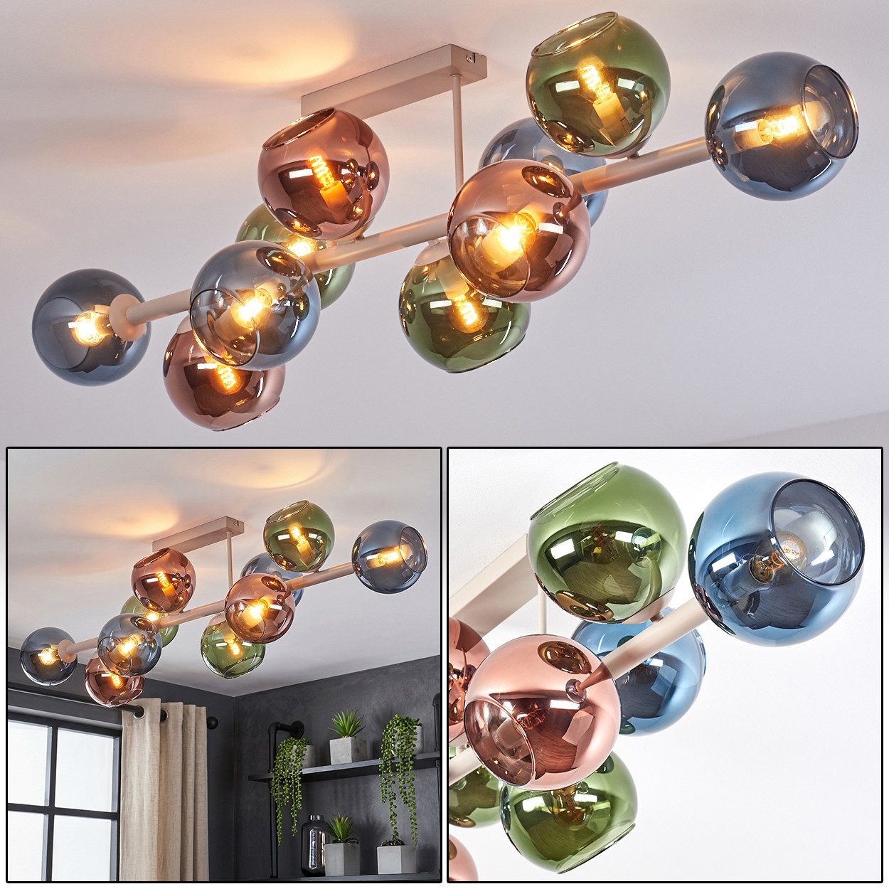 hofstein Deckenleuchte Deckenlampe aus Metall/Glas in Sandfarben/Weiß/Grün/Kupferfarben/Blau, moderne Deckenleuchte im Retro/Vintage-Design, 10 x E14