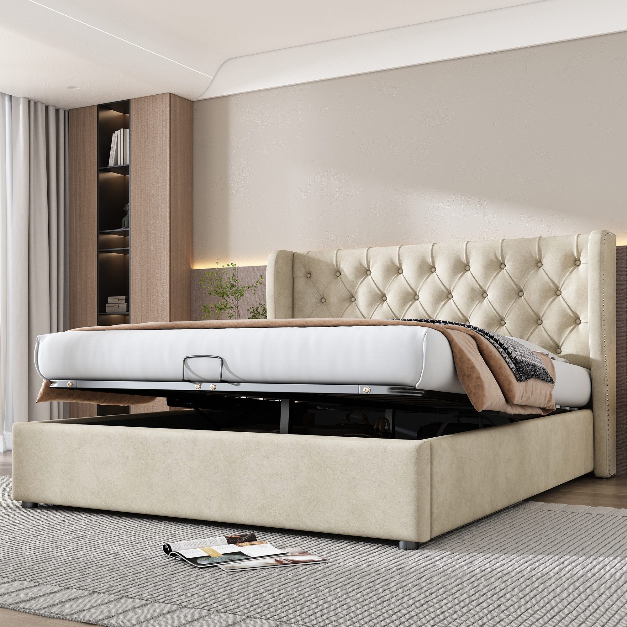 OKWISH Polsterbett Doppelbett Stauraumbett, Kiefernholz Flanell günstig online kaufen