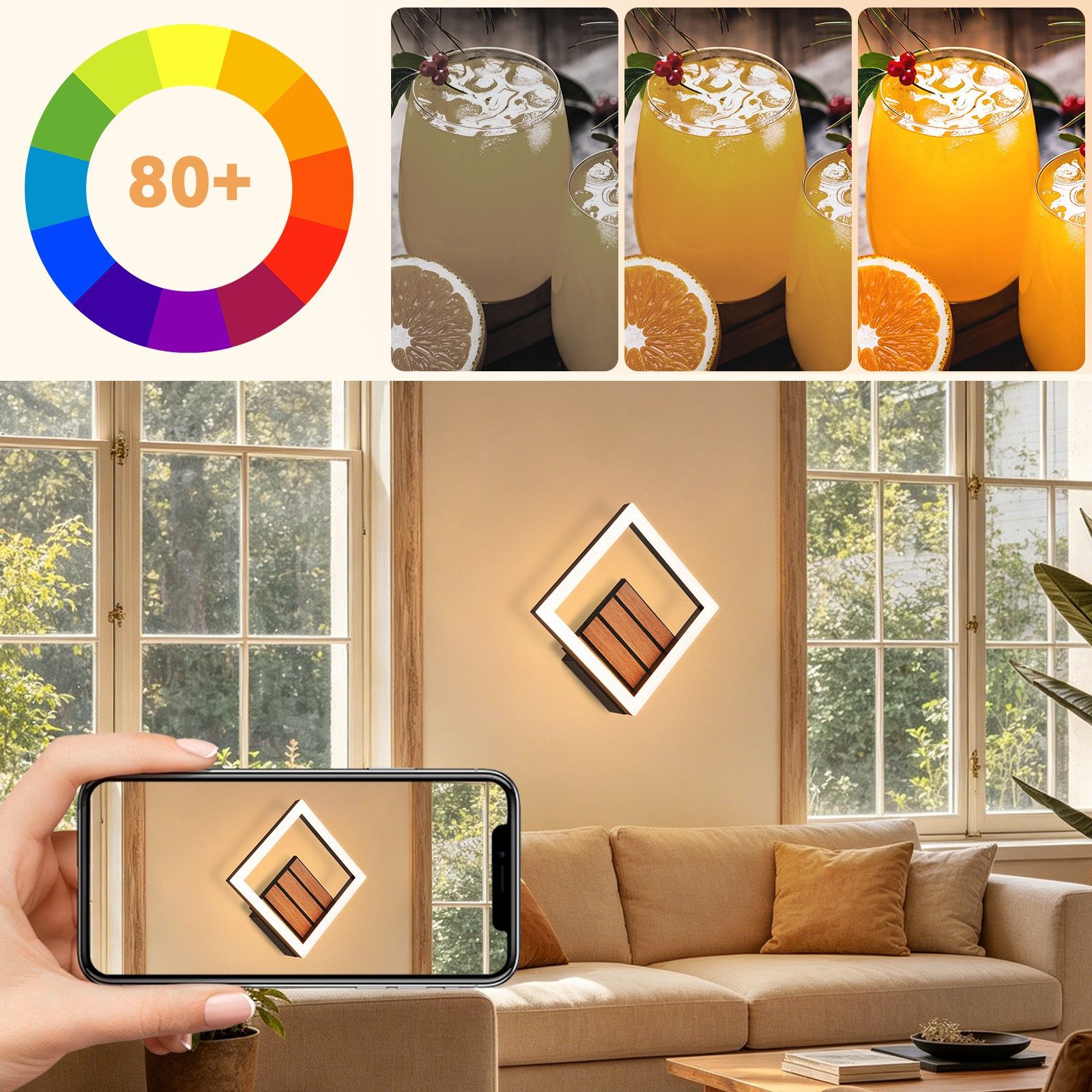 ZMH Wandleuchte Wandleuchte LED Warmweiß Quadrate Holz für Schlafzimmer & Flur 7W, LED fest integriert, Warmweiß, 360 Grad drehbar
