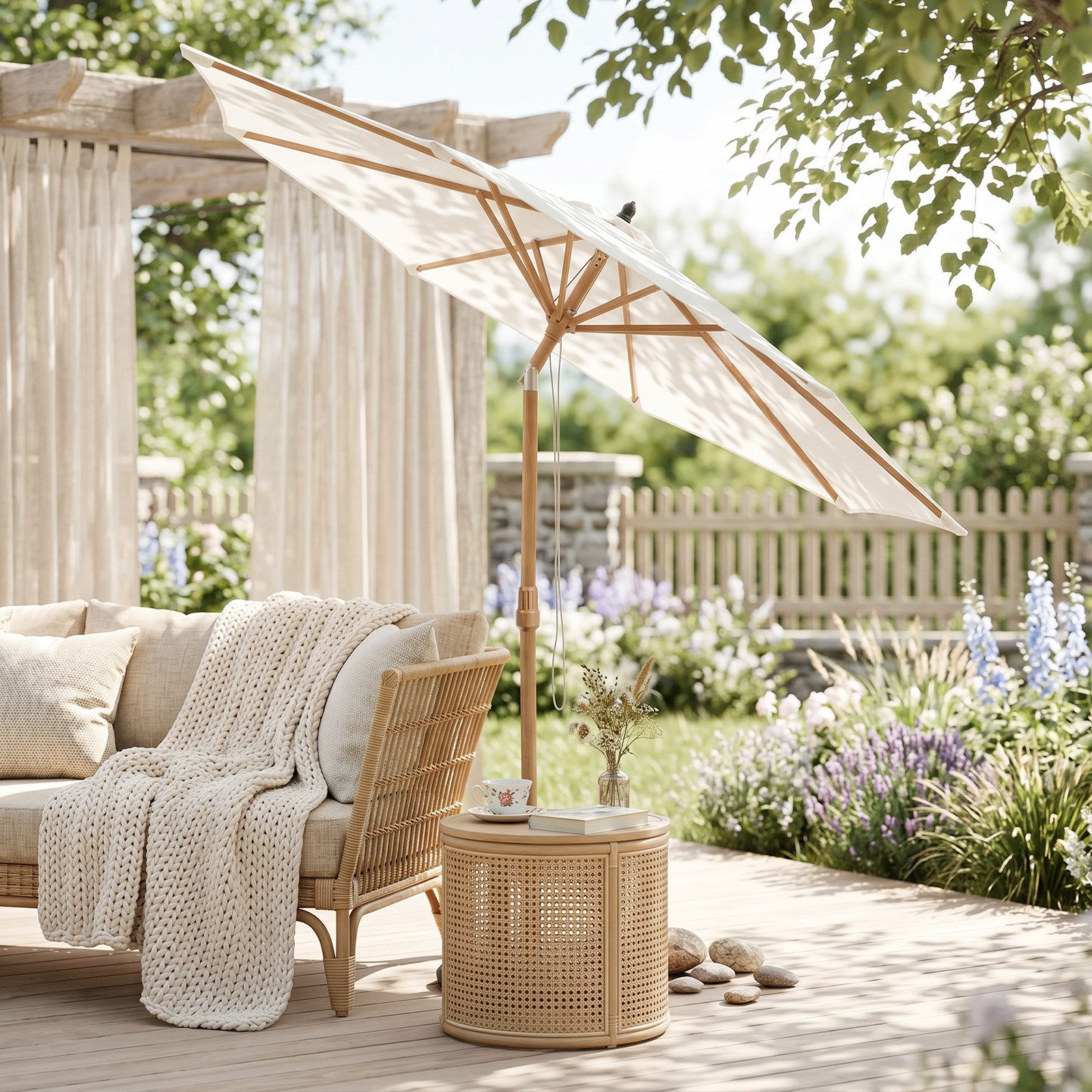 Sekey Sonnenschirm 300 x 300 cm Sonnenschirm Holzoptik Gartenschirm Knickbar, UPF 50+, LxB: 300x300 cm, Doppeltes Seilzugsystem, Neigungsverstellung, für Garten