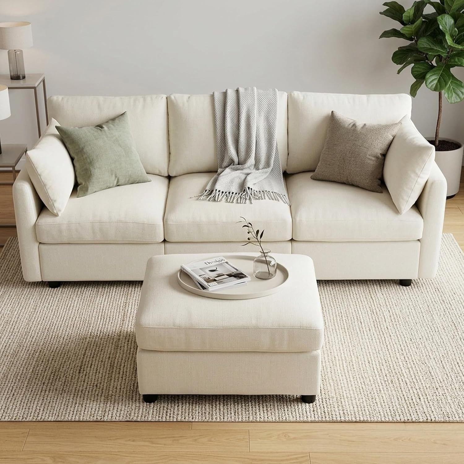 Kingfun Sofa 214cm Modulares Sofa, L-Form individuell konfigurierbare Ecksofa, 1 Teile, 3-Sitzer Sofa mit Hocker, Chenille-Bezug, 159 kg pro Sitzplatz.