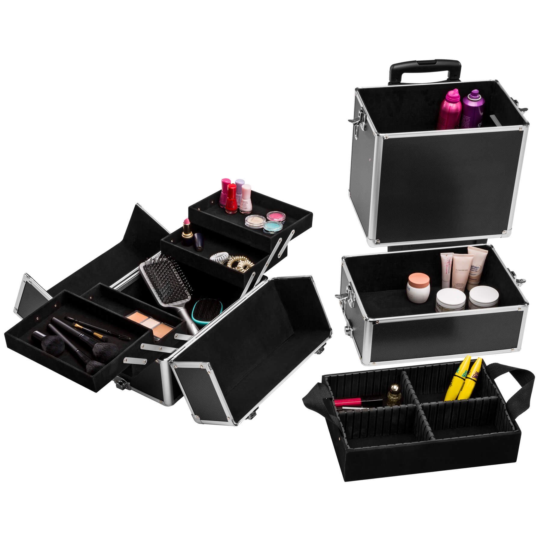 tectake Koffer Kosmetiktrolley mit 3 schwarz Rollen, erweiterbar Etagen, 2