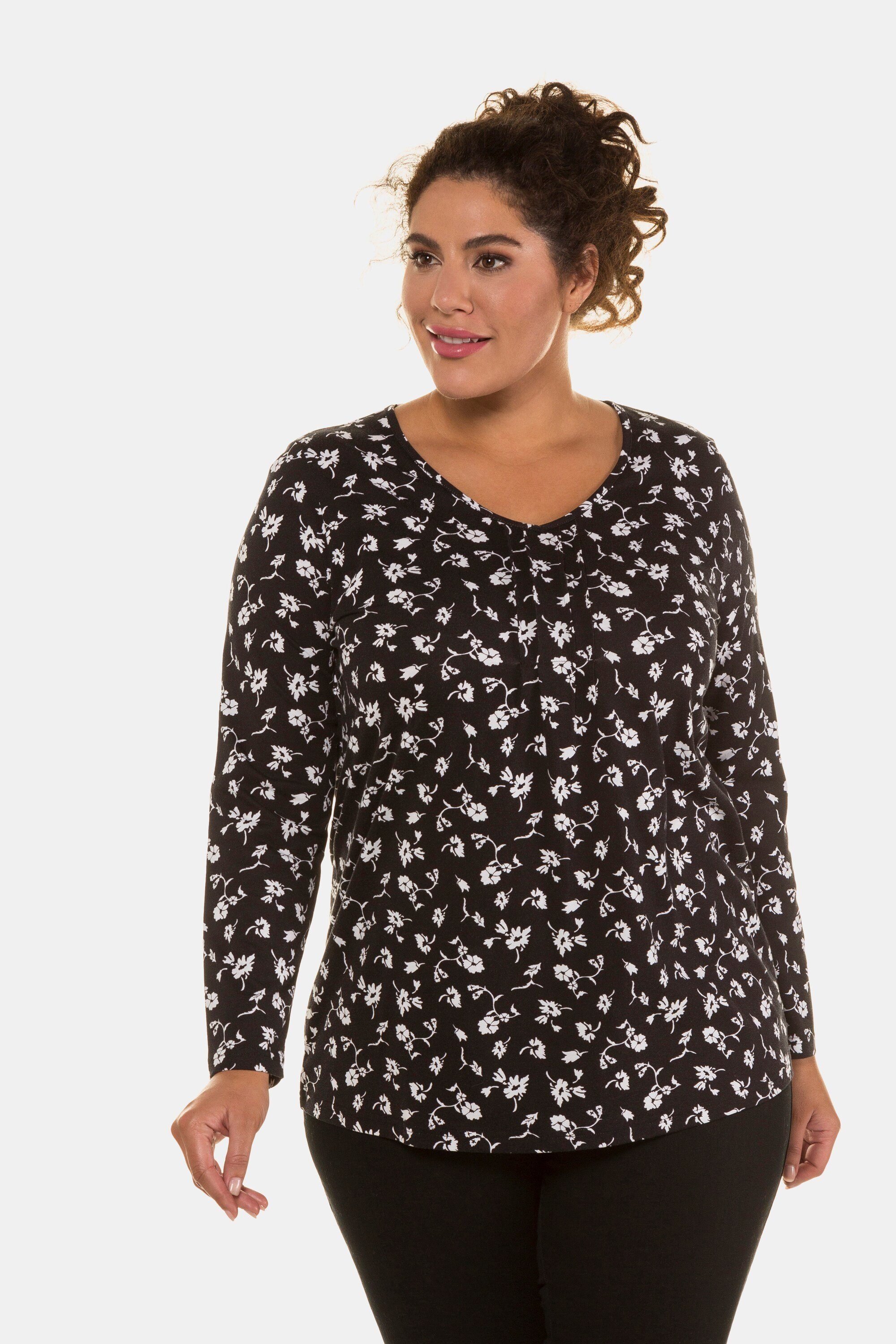 Rundhalsshirt bis 64 Langarmshirt florales Minimalmuster