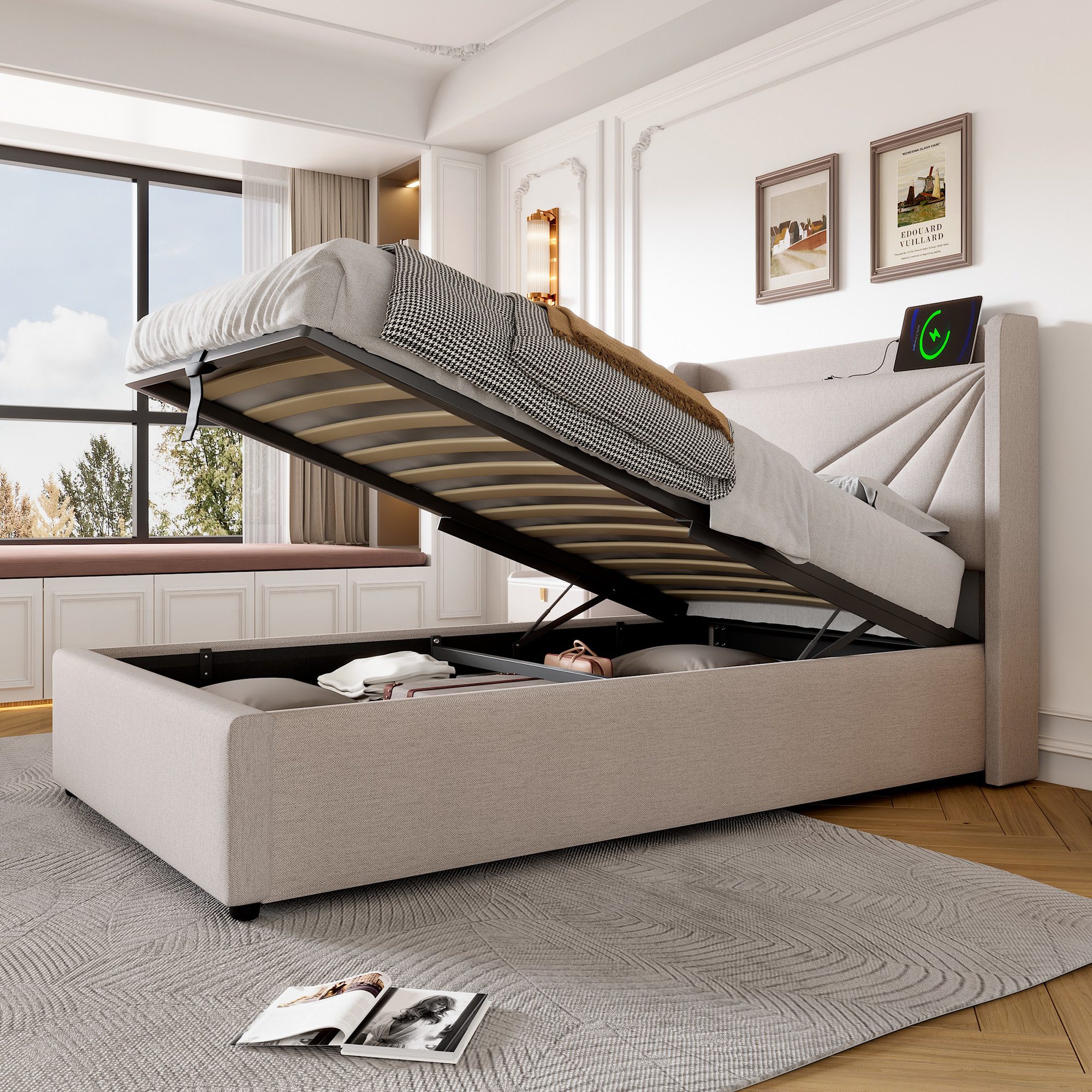 Flieks Polsterbett, Massivholz Stauraumbett mit USB/Typ-C Ladeanschluss 90x günstig online kaufen