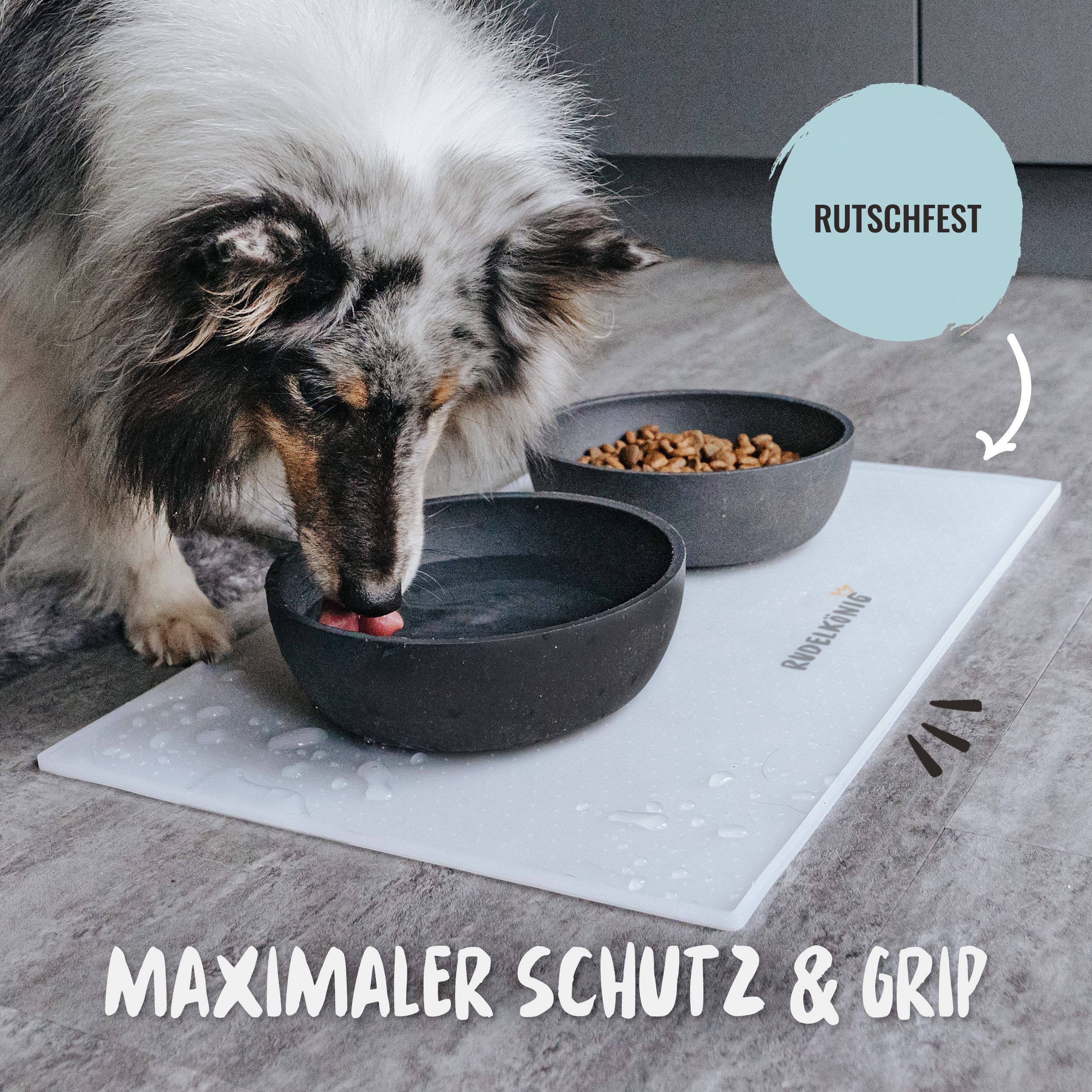 Rudelkönig Napfunterlage Rutschfeste Futtermatte, 48 x 30cm, Napfunterlage Hund, 1-St., Wasserdichte Fressnapf Unterlage, BPA-frei