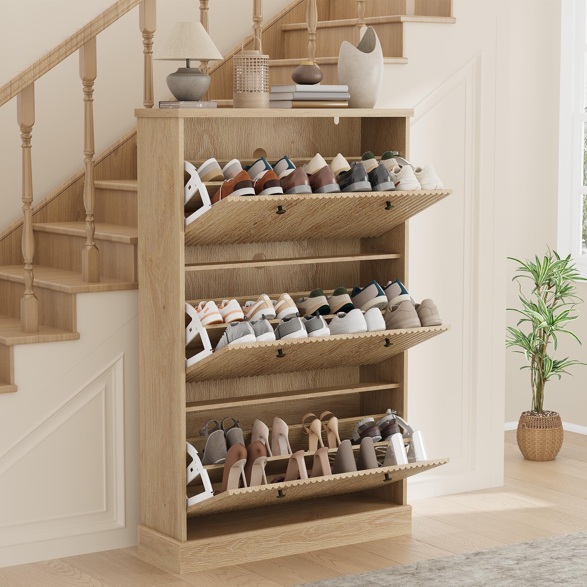 GarveeMore Schuhschrank Moderner Rillenprofil mit 3 Klappschubladen verstellbare Einlegeböden (1-St) (B80/T25/H129 cm) Schuhregal für 18–24 Paar Schuhe, für Flur und Diele