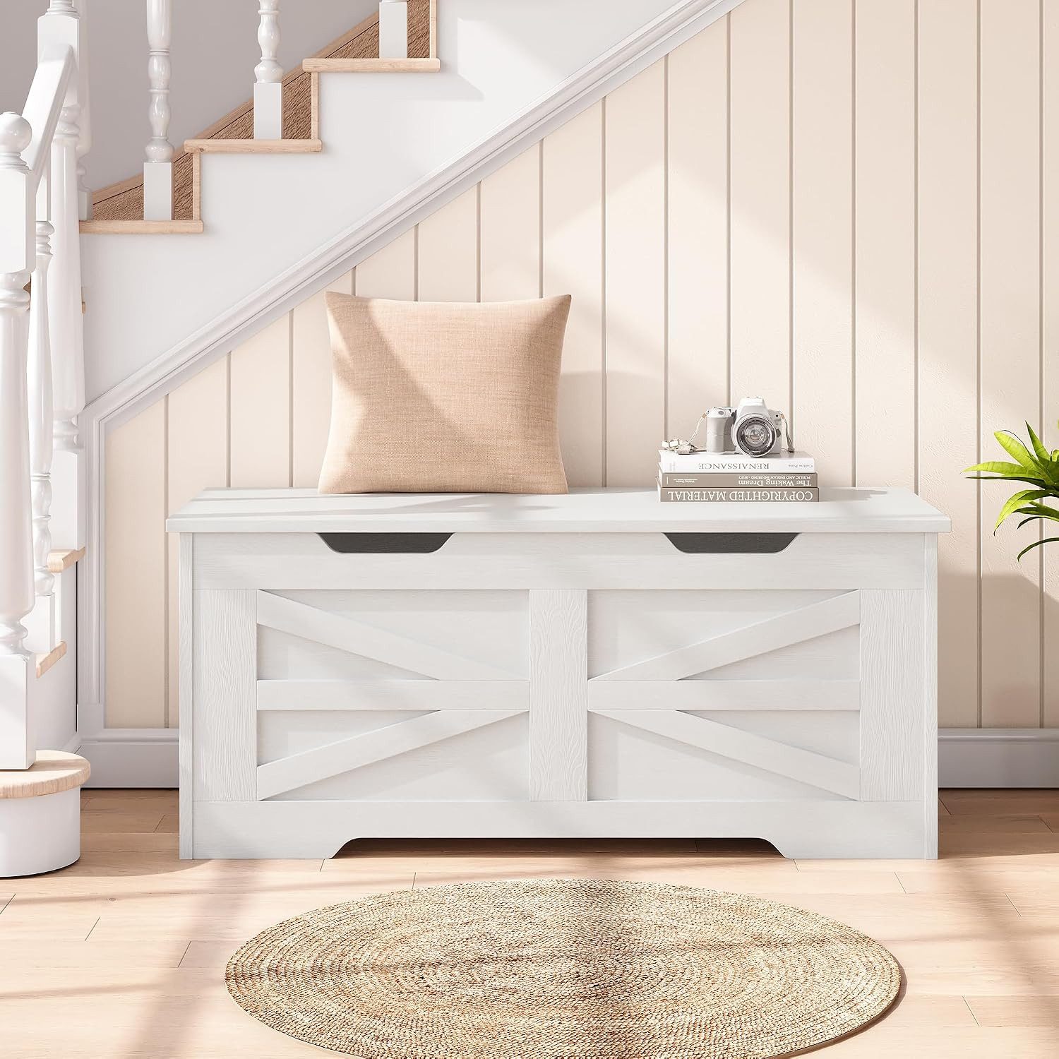 GarveeMore Aufbewahrungsbox 100cm Holz-Sitzbank mit Sicherheits-Scharnier,Aufbewahrungstruhe, Truhe mit Klappdeckel (z. B. für Decken), belastbar bis 159 kg – Bild 4 von 4