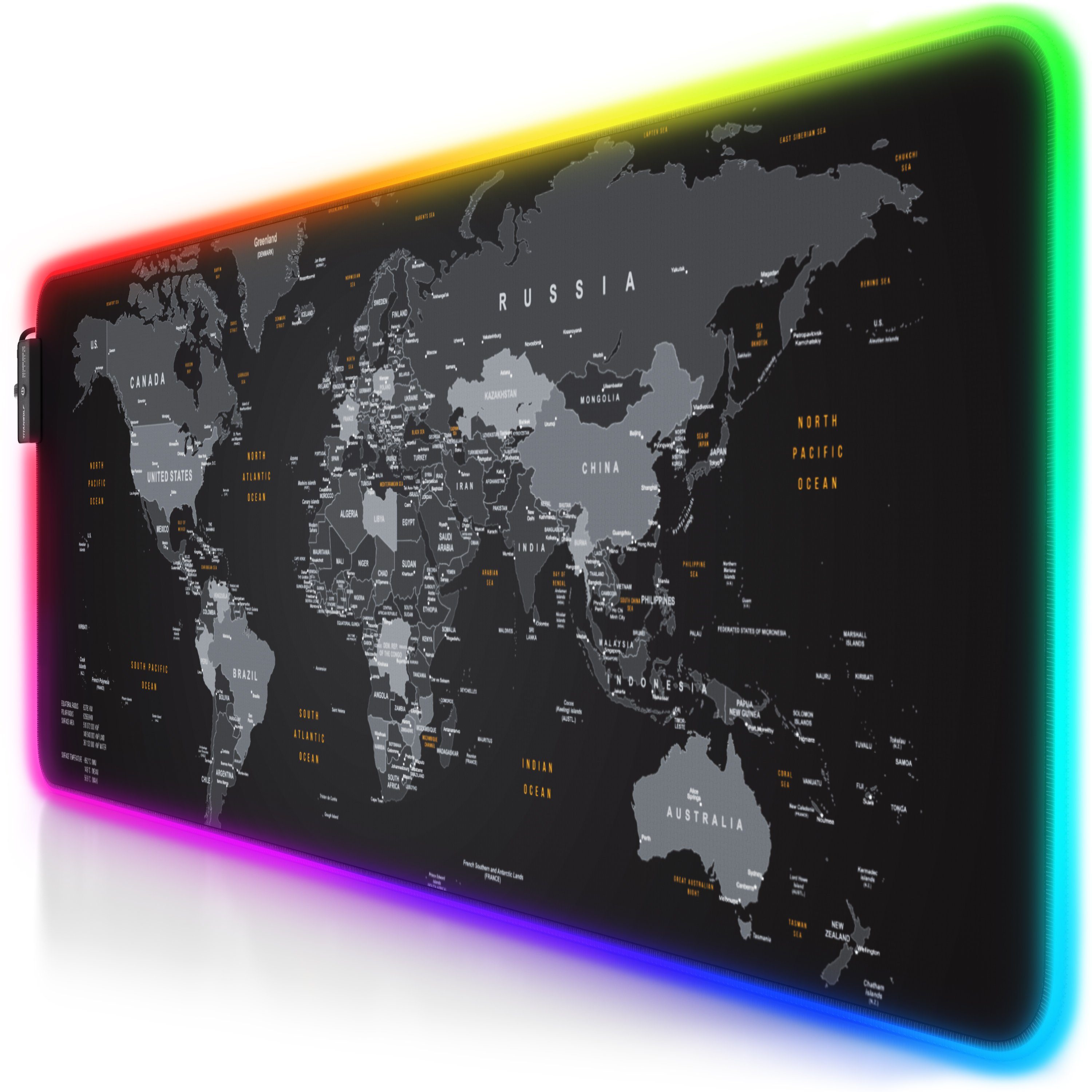 Titanwolf Gaming Mauspad RGB Mousepad 800 x 300 x 3 mm, LED Multi Color XL Tischunterlage, rutschfest, abwaschbar, Geschwindigkeit & Präzision, Weltkarte 2
