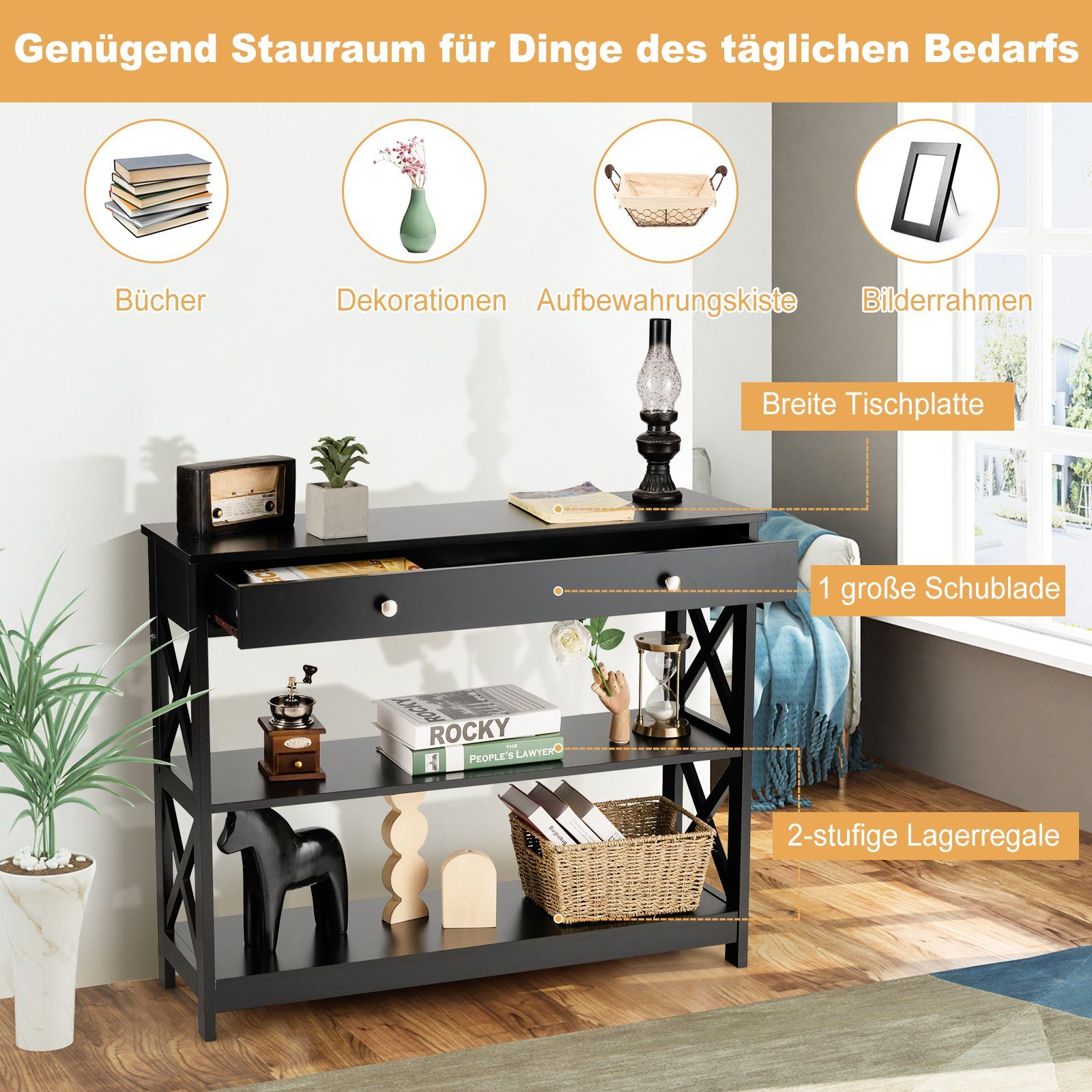 COSTWAY Konsolentisch, 3 Ebenen mit Schublade, Holz, 100 x 30 x 80 cm
