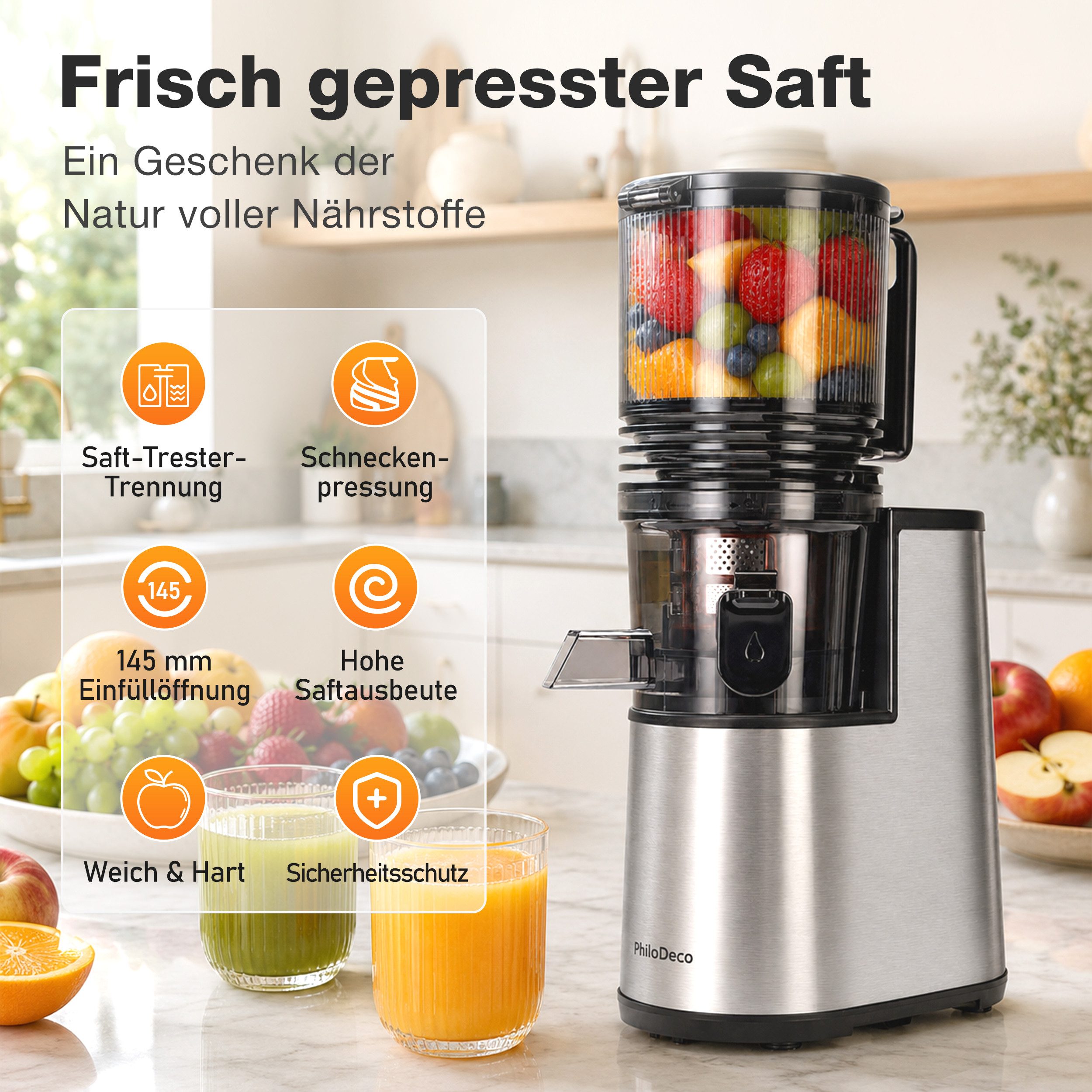 Sinaopus Slow Juicer Große 145-mm-Einfüllöffnung für ganze Früchte und Gemüse, 250 W, Feinfilterung, getrennte Auslässe und komfortabler Rückwärtslauf – Bild 4 von 5