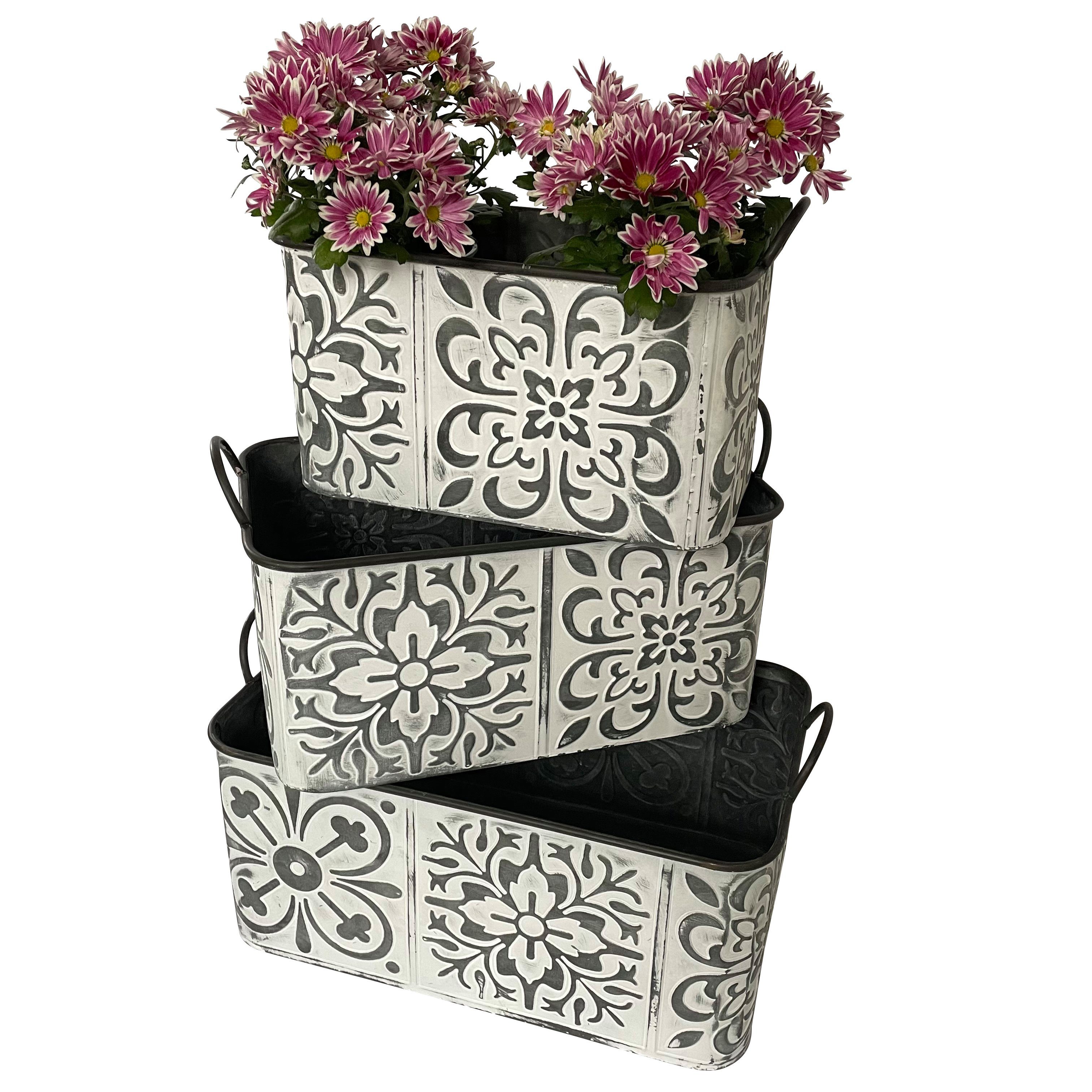 Online-Fuchs Blumentopf 3er Set Zinkwannen mit Blumenmuster groß Pflanzkübel Kasten Metall (Vintage Silber/weiß), Maße ca. 37/43/49 x 22/26/30 cm und 20/21/22 cm hoch Floralem-Design