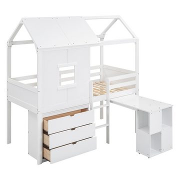 NMonet Hochbett Hausbett 90x200cm Kinderbett, mit ausziehbarer Tisch und drei Schubladen, 90x200cm