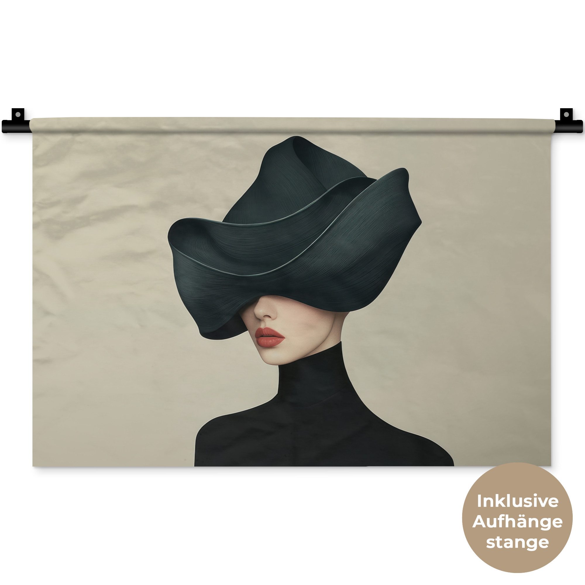 MuchoWow Wandteppich Frau - Grün - Hut, Rechteckig, Höhe: 3 mm, Wandteppich für Wohnzimmer, Schlafzimmer, 60x40 cm