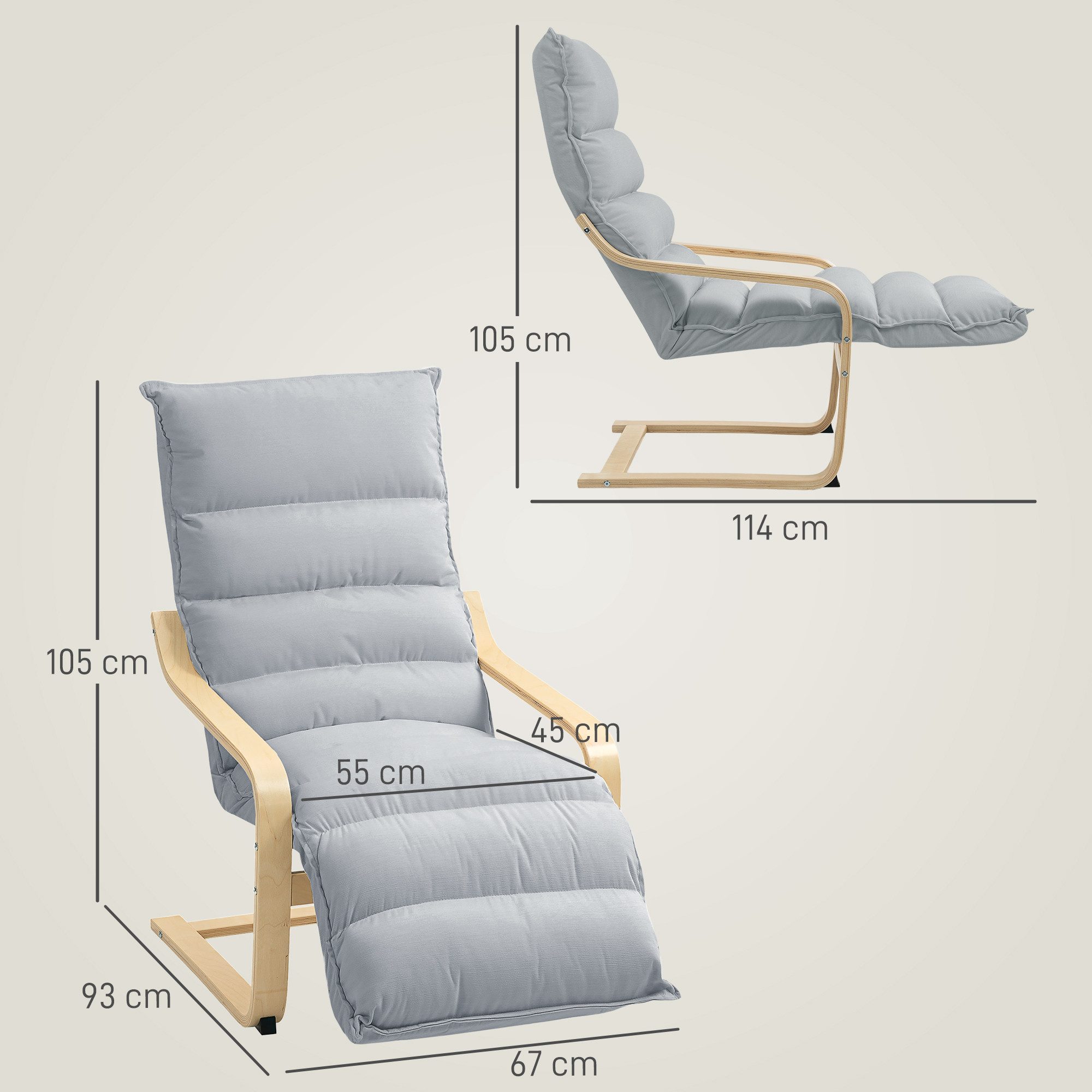 HOMCOM Relaxsessel Lounge-Sessel aus Birkenholz (gepolsterter Relaxsessel mit verstellbarer Fußstütze, 1-St., moderner Sessel für Wohnzimmer), 93-114 x 67 x 105 cm, Hellgrau