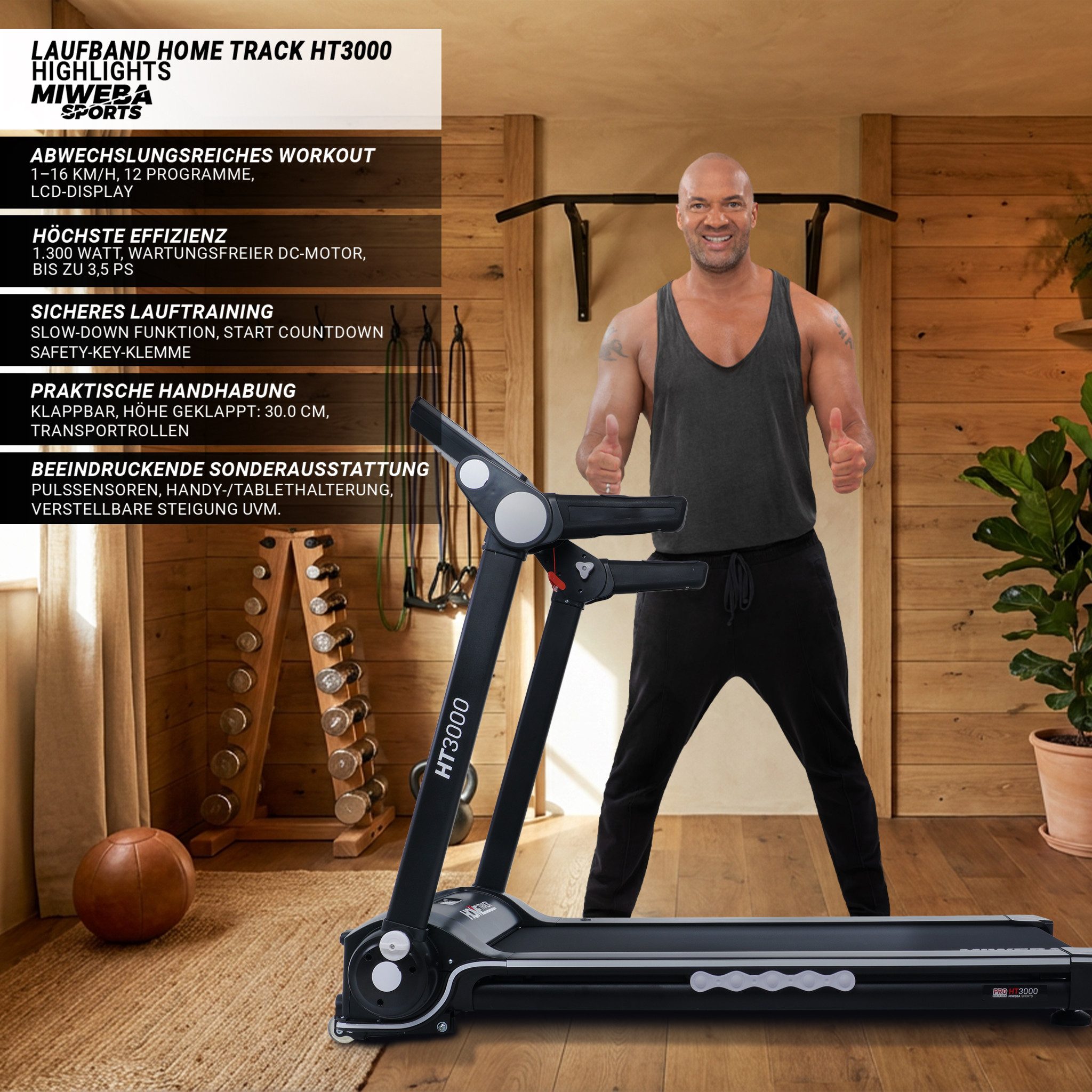 Miweba Sports Laufband klappbar HT3000 - 16 km/h - Laufband mit Steigung 15 % (Laufband, Heimtrainer, Fitnessgerät, Laufband klappbar, Treadmill, Speedrunner, 1-tlg., 12 Laufprogramme, Fitshow-App, Pulsmesser, Safety-Key mit Klemme), Laufband klappbar, Laufband klein für zur Hause, Laufband mit Steigung