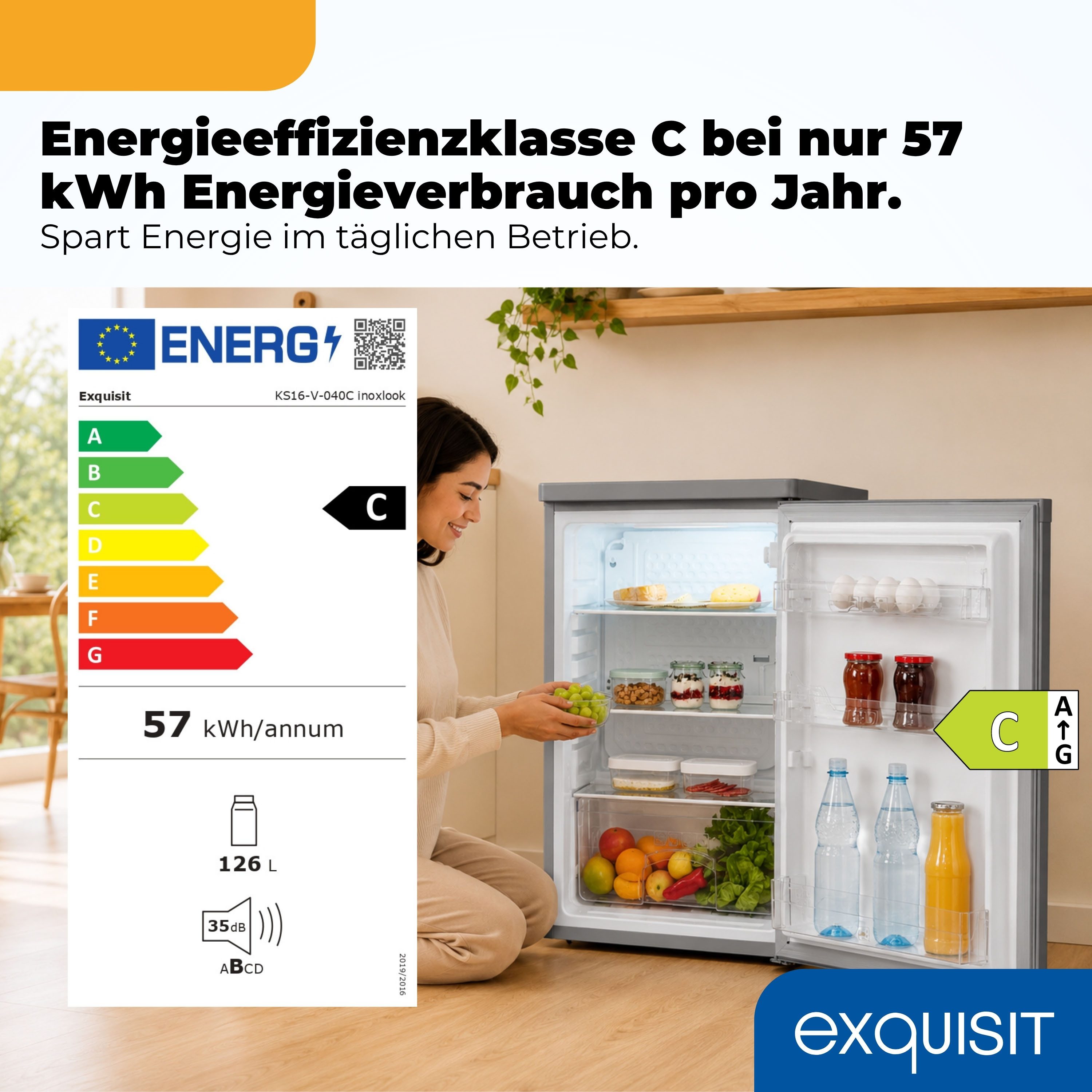 exquisit Kühlschrank KS16-V-040C inoxlook, 85 cm hoch, 55 cm breit, Helles LED-Licht für optimale Innenraumbeleuchtung – Bild 3 von 5