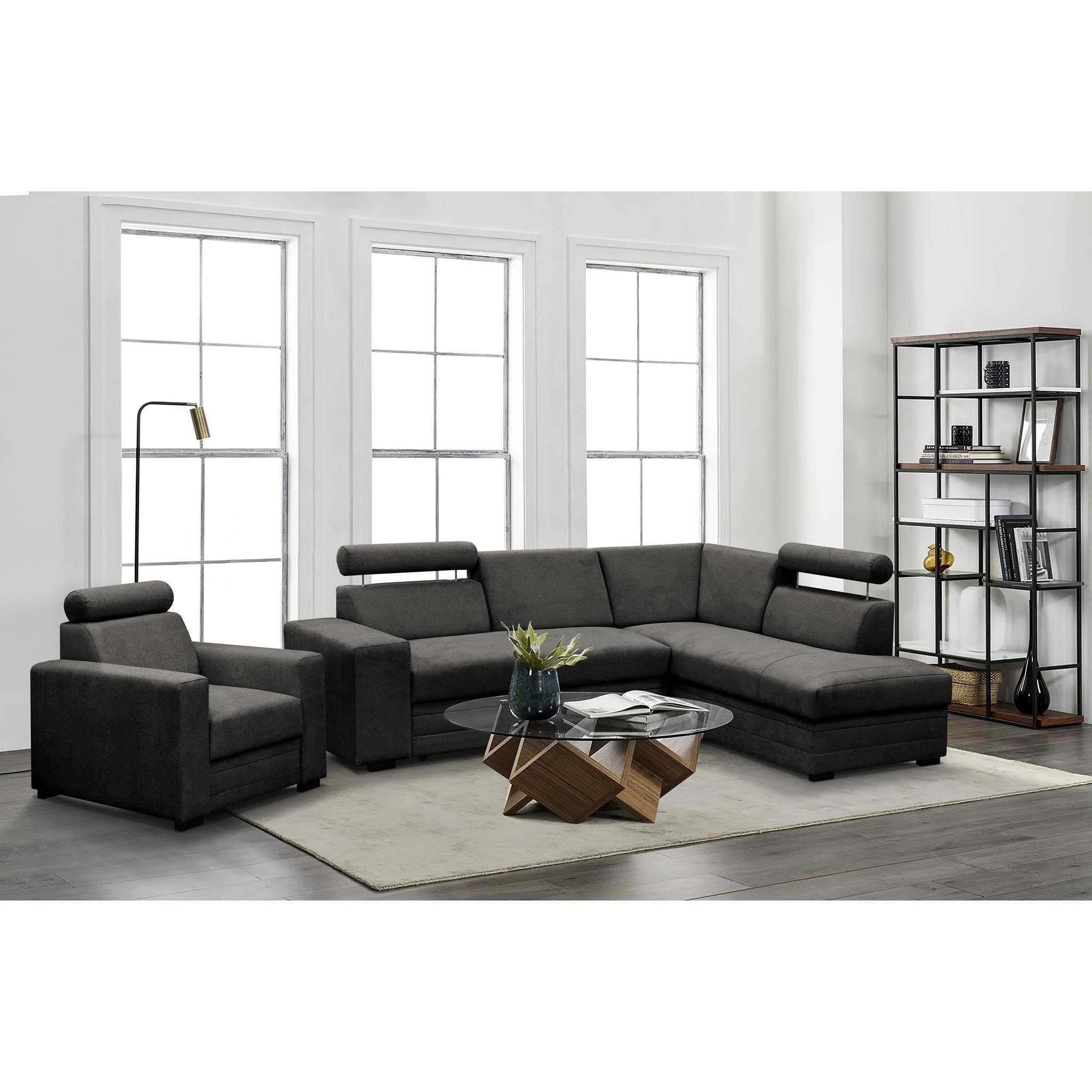 Sessel, Bonnell-Federn Dunkelgrau Roma, Wohnzimmer Kopfstützen), für gepolstertes Ecksofa Schlaffunktion, Bettkasten, verstellbare Sessel 16) (vardo mit aus (modernes Eckgarnitur Beautysofa Polstergarnitur Set mit