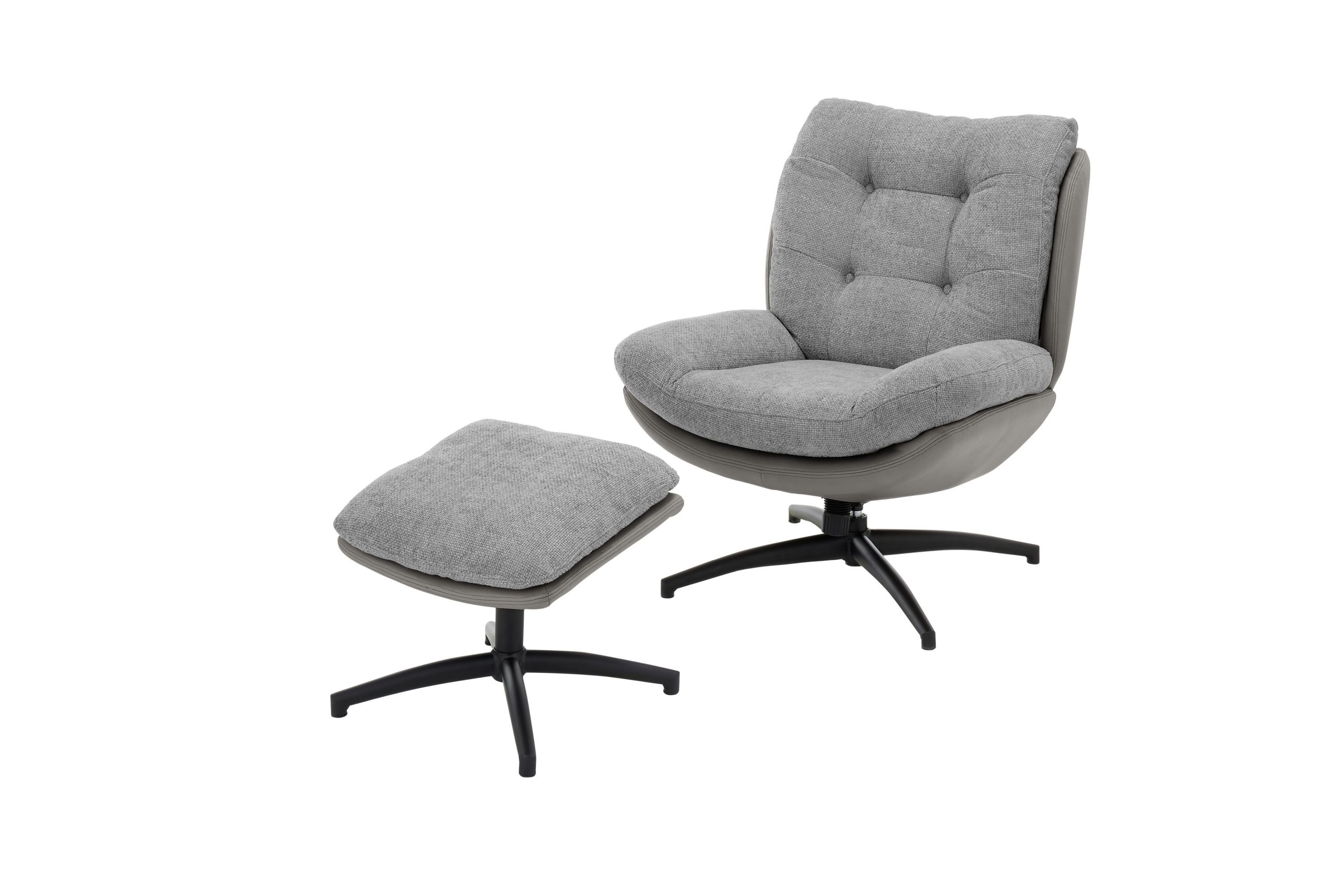Robas Lund Loungesessel, Loungesessel m. Hocker grau Chenille-Optik 360° drehbar 75x95x91 cm