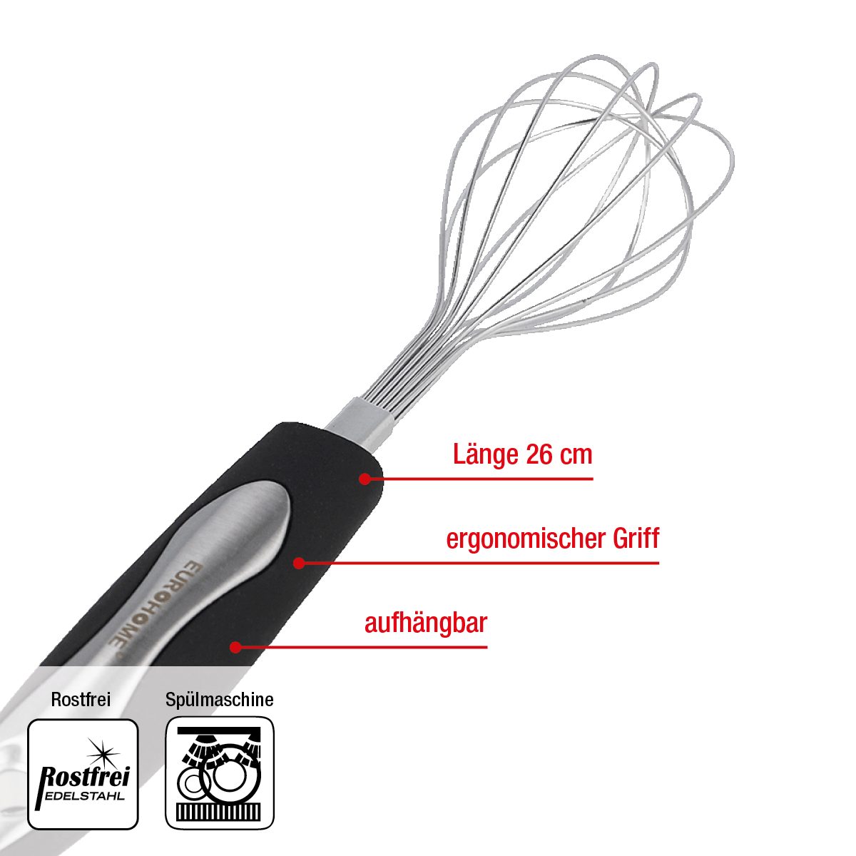 EUROHOME Schneeschläger Schaumschläger Carmen aus rostfreiem Edelstahl spülmaschinengeeignet, Rührer Mixer mit ergonomischem Kunststoffgriff