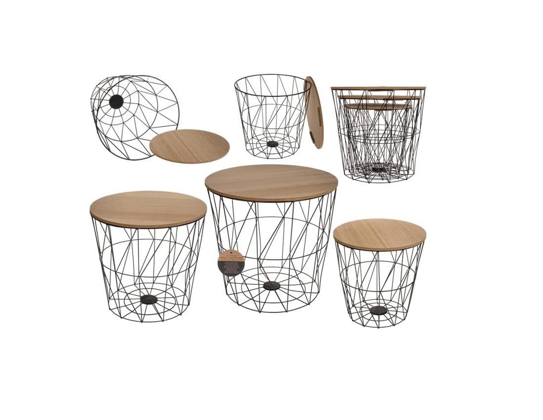 mucHome Beistelltisch 3er Set Beistelltisch rund Metallkorb mit Holzplatte Stapelbar (1 x 3er Set Beistelltisch rund mit abnehmbarer Holzplatte)