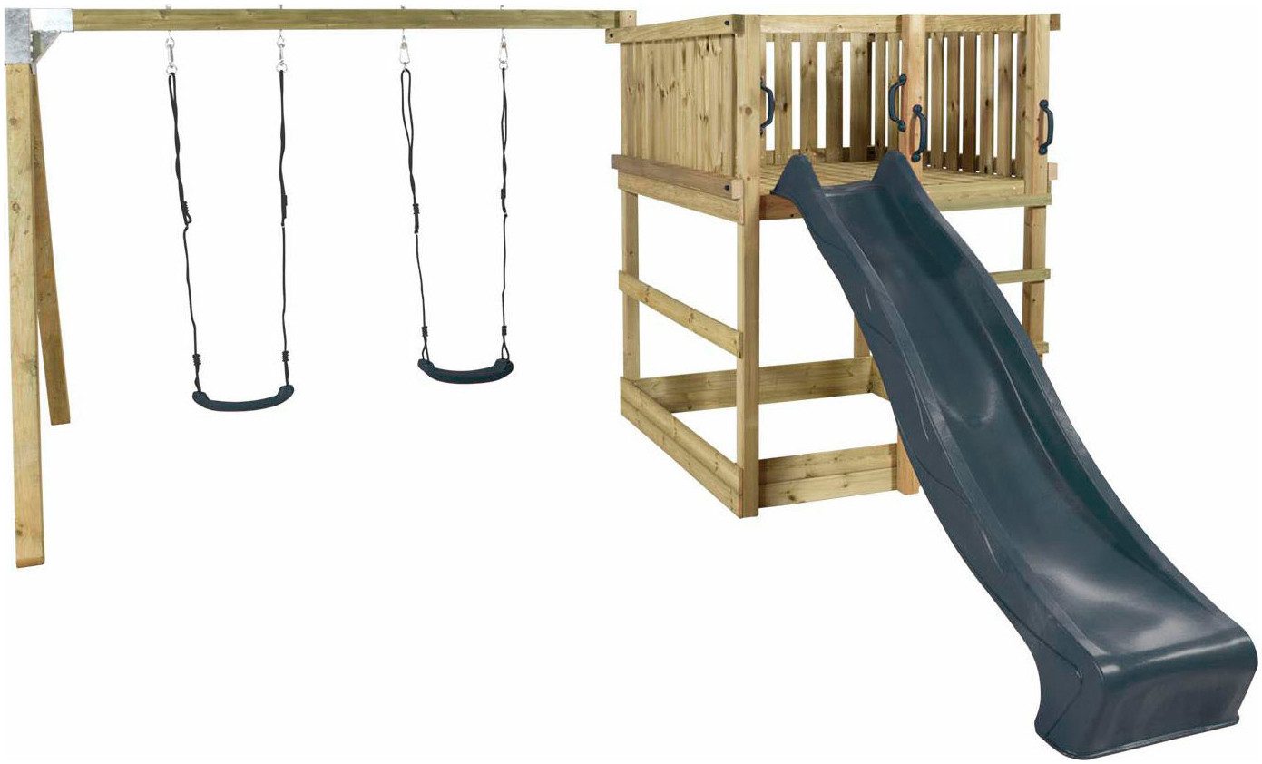 PLUS Spielturm PLUS Play inkl. Schaukelanbau, grauschwarz Rutsche und 2 Schaukelsitze, Made in Europe