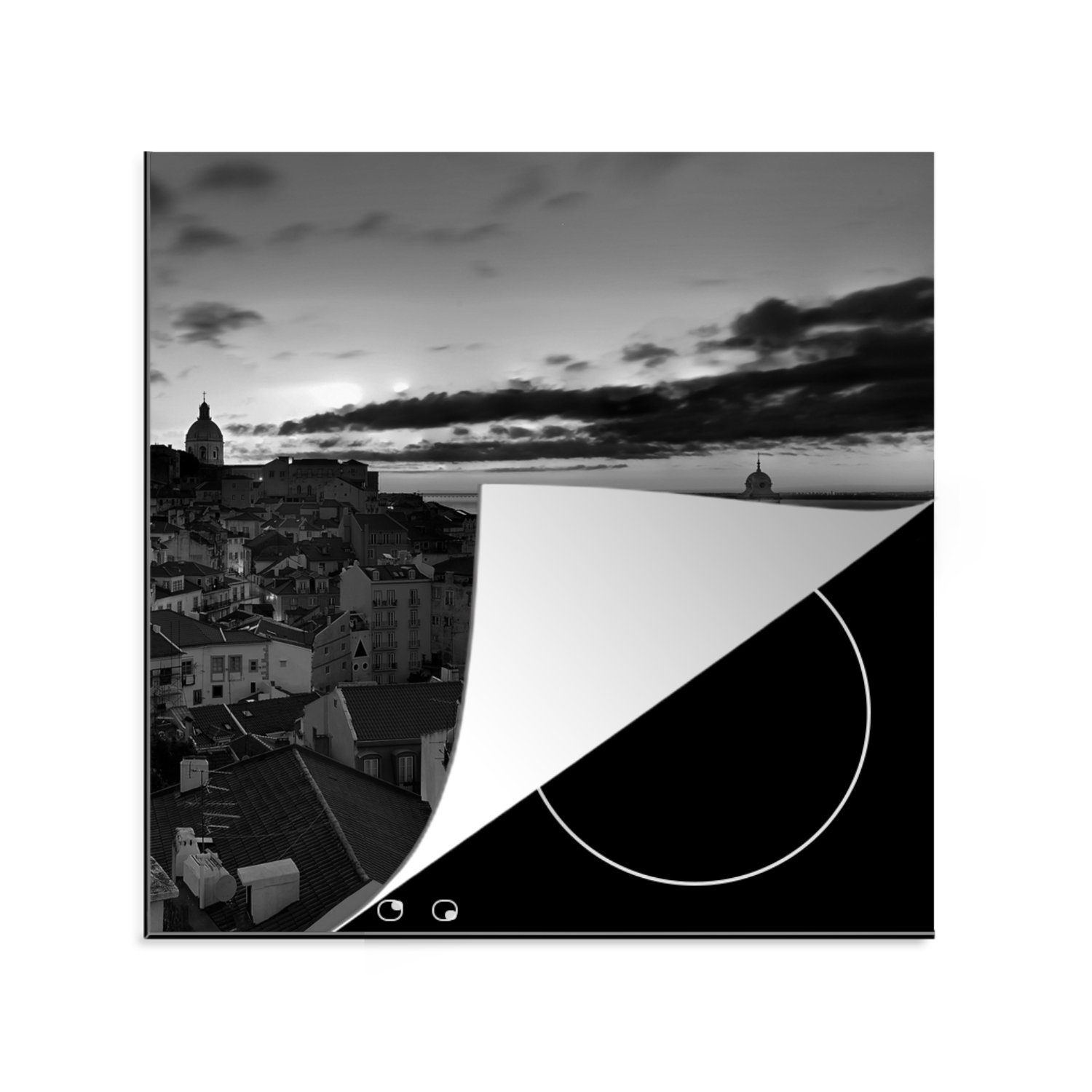 MuchoWow Herdblende-/Abdeckplatte Lissabon - Architektur - Portugal - Schwarz - Weiß, Vinyl, (1 tlg), 78x78 cm, Ceranfeldabdeckung, Arbeitsplatte für küche